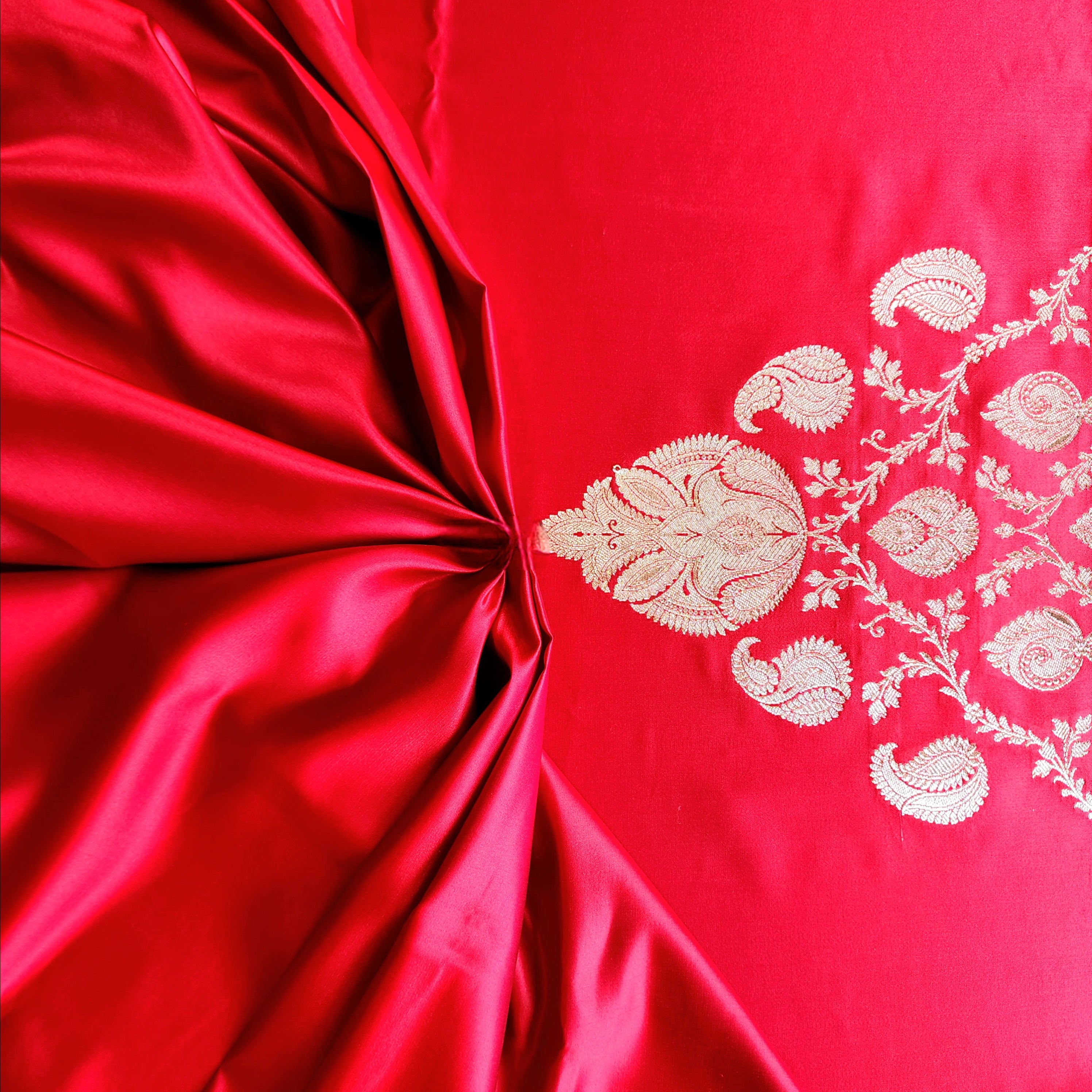 Rich Ruby Red Pure Banarasi Katan Silk Saree with light Gold Zari Weaving