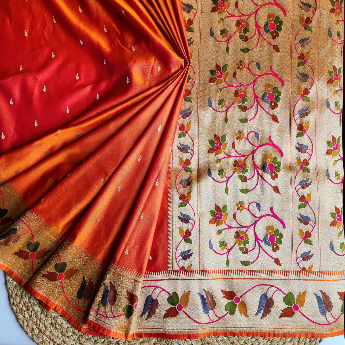 Raahi - Bright Orange Paithani Silk Saree with Stitched Blouse