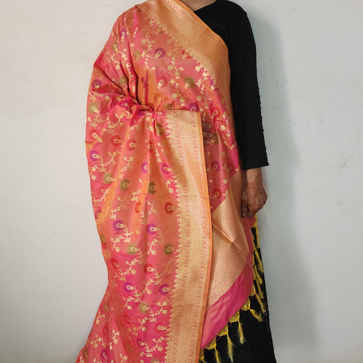 Banarasi Silk Floral Jaal Dupatta - Terracotta Rose