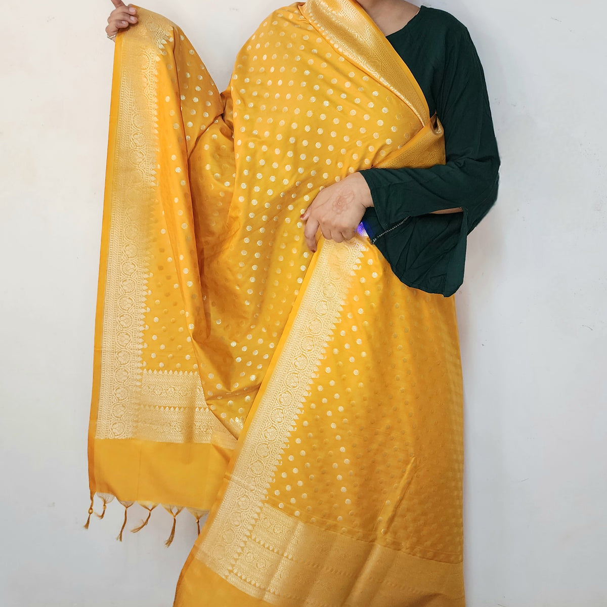 Mustard Yellow Banarasi Silk Dupatta with Gold Polka Dot