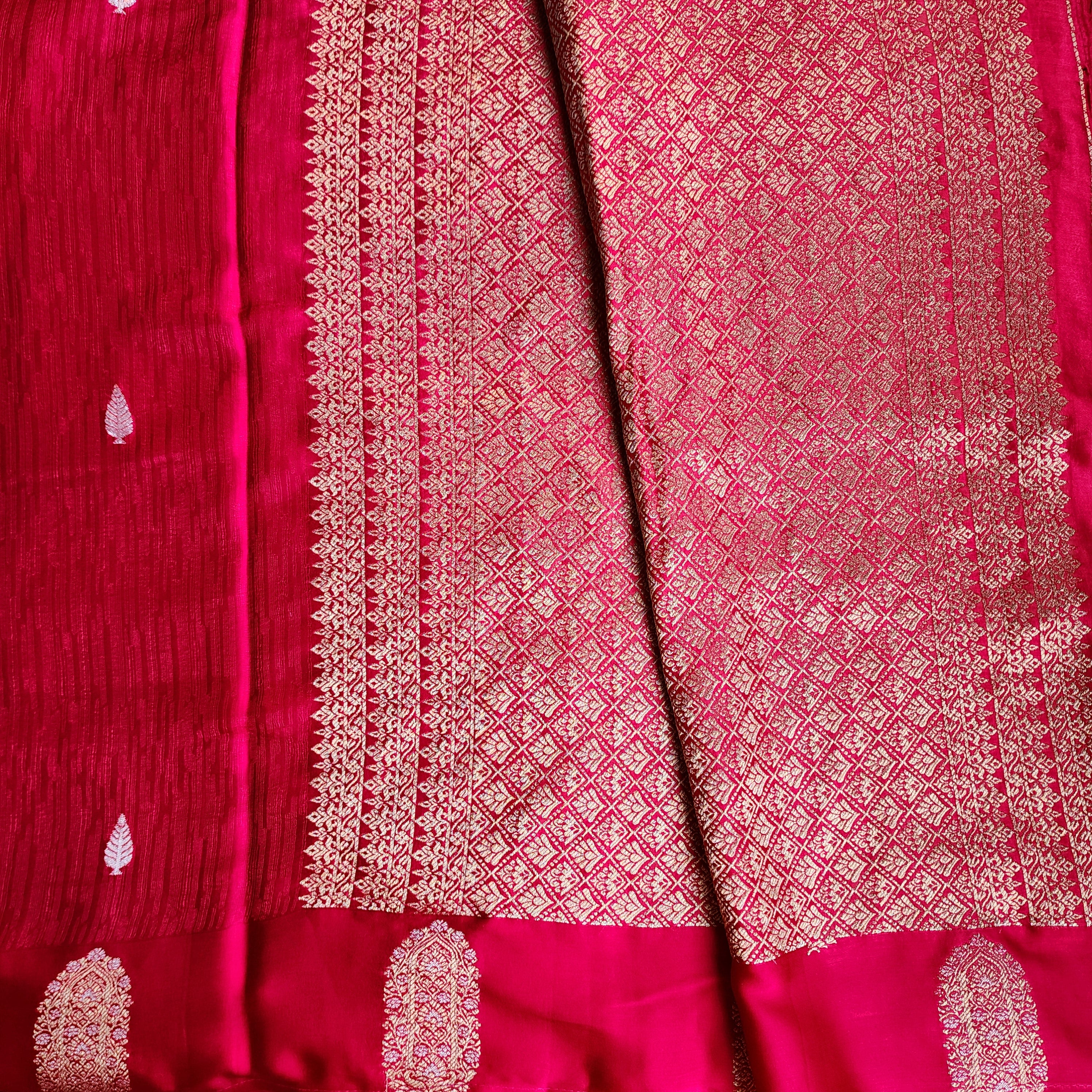 Bright Rani Pink Mashru Tanchoi Saree with Gold Zari
