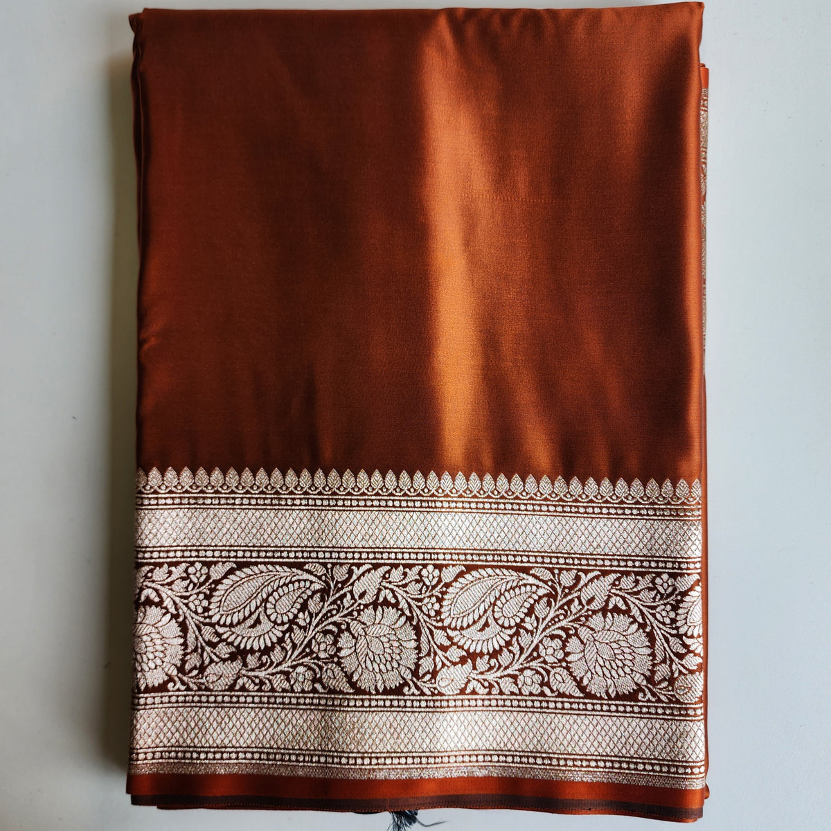 Rich Burnt Copper Pure Banarasi Katan Silk Saree with light Gold Zari Weaving