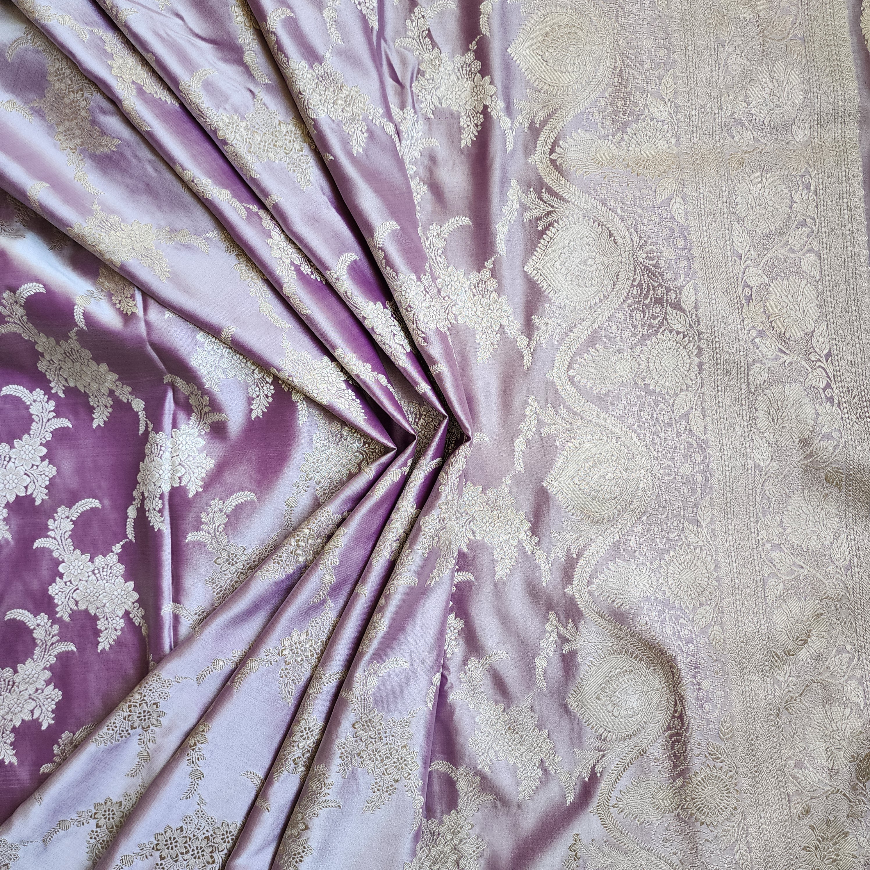 Dusty Lilac Banarasi Katan Silk Saree with Floral Vine Jaal