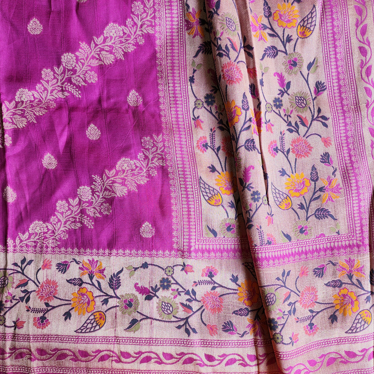 Soft Lavender Orchid Raw Silk Saree with Pastel Floral Weaving and Ivory Border