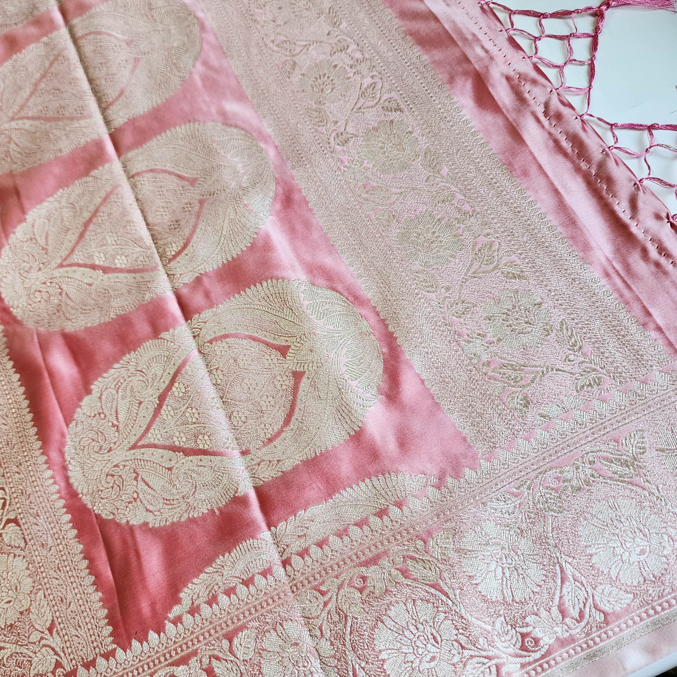 Pastel Baby Pink Banarasi Katan Silk Saree with Light Gold Zari weaving