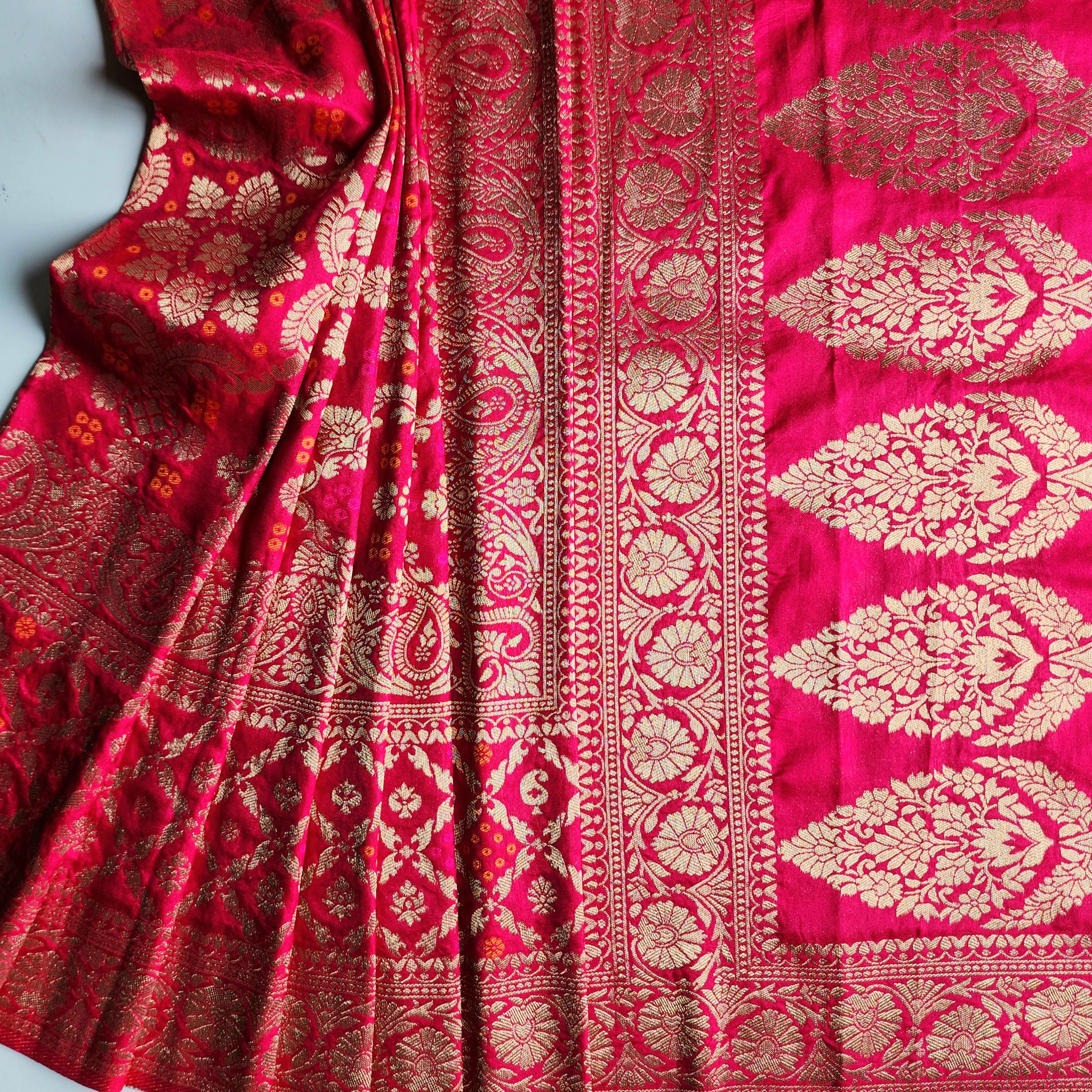 Wine Magenta Bandhani Dupatta with Floral and Geometric Zari Weave