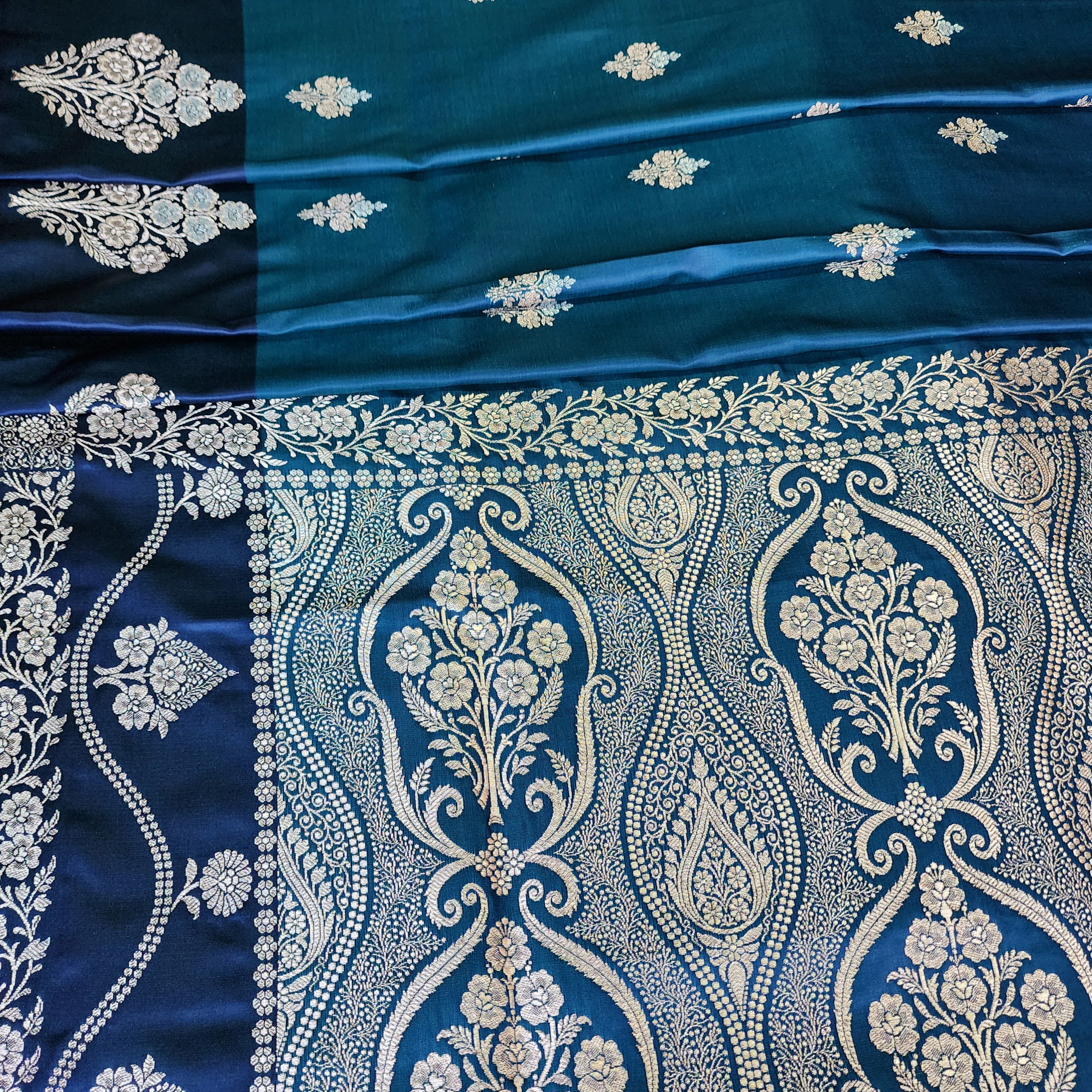 Dual-Tone Peacock Blue Pure Banarasi Katan Silk Saree