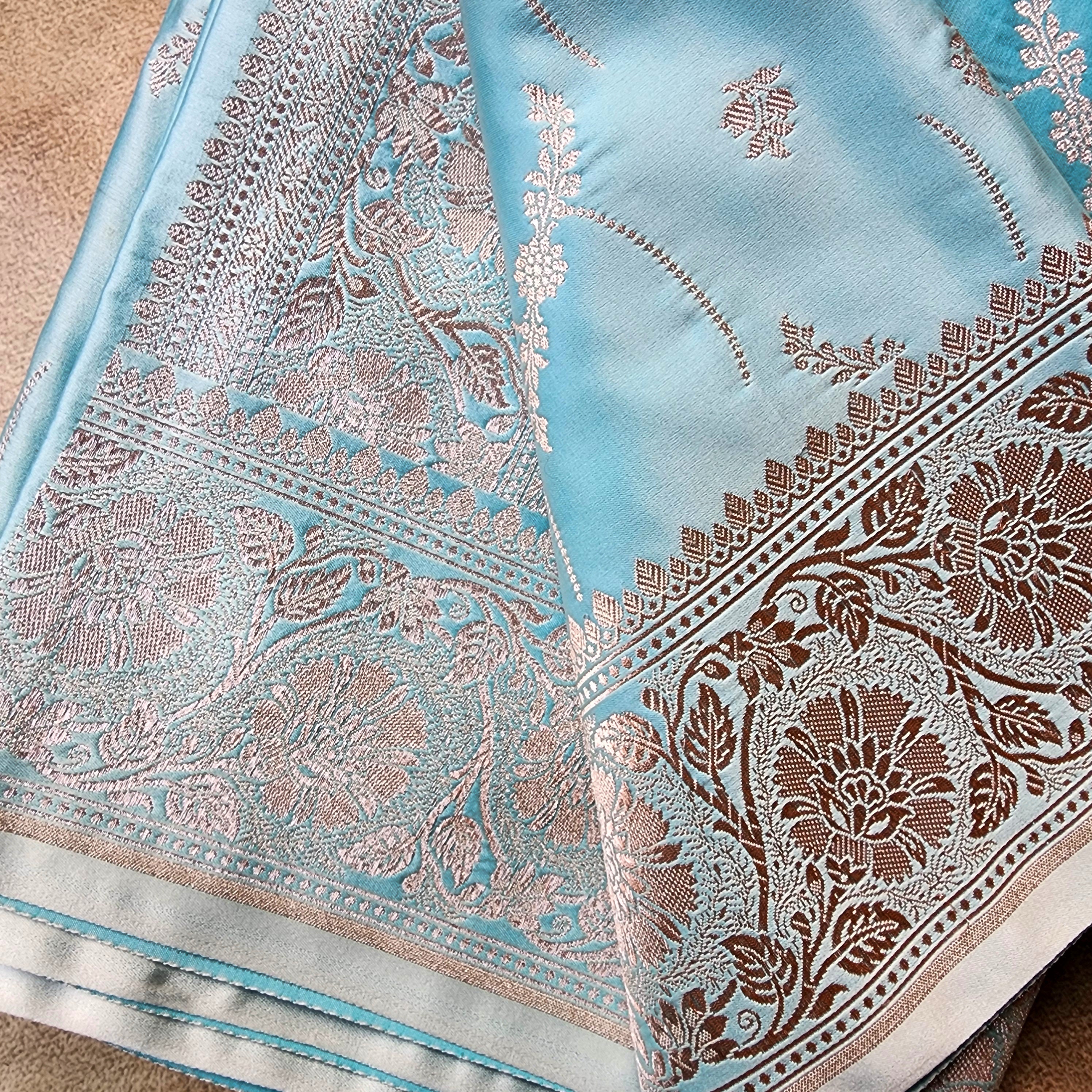 Pastel Sky Blue Banarasi Katan Silk Saree with Light Gold Zari weaving