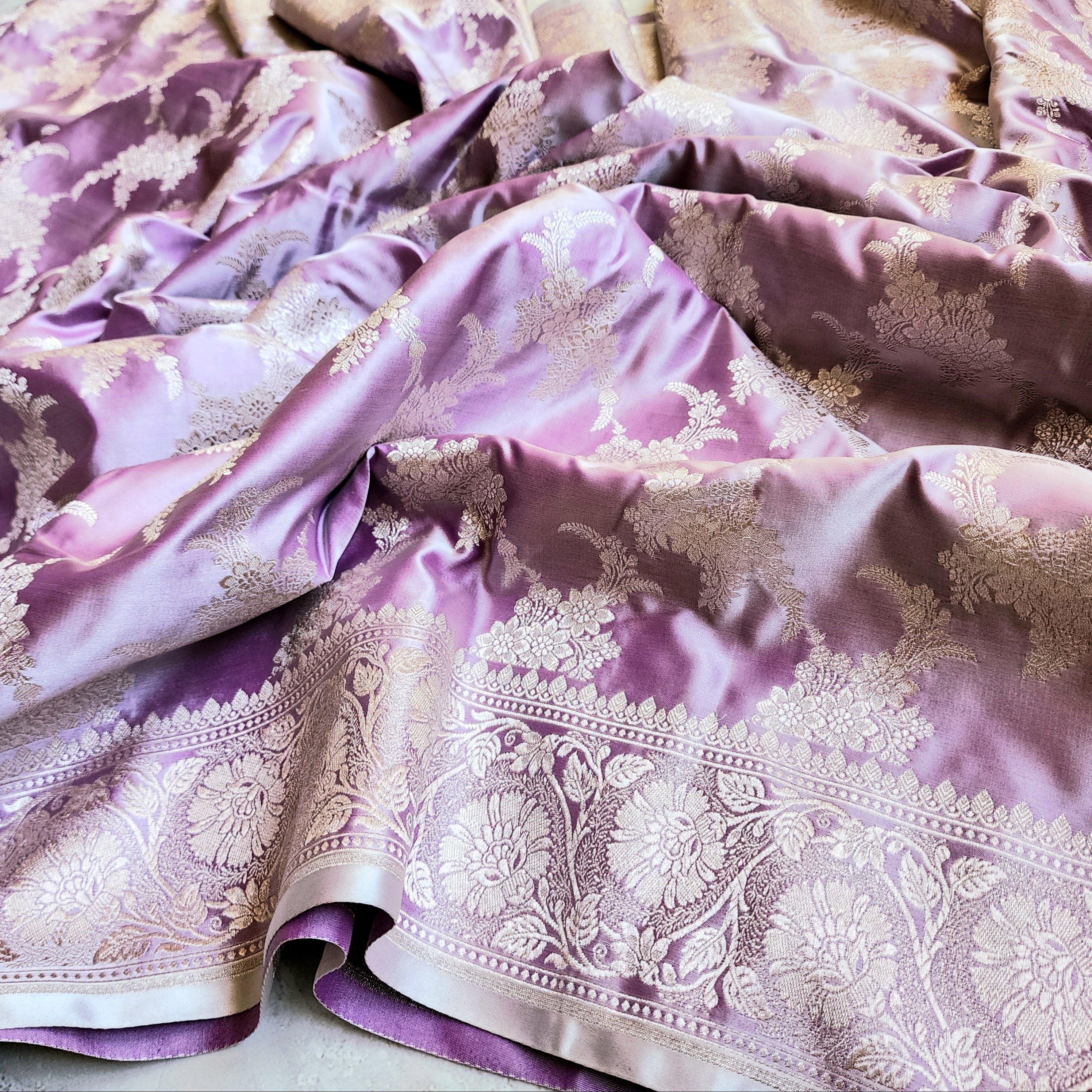 Lilac Banarasi Katan Silk Saree with Floral Vine Jaal