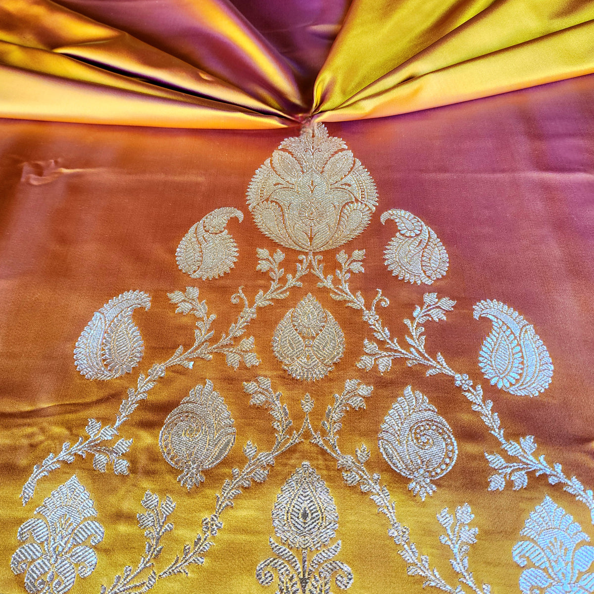 Rich Orange Pure Banarasi Katan Silk Saree with light Gold Zari Weaving