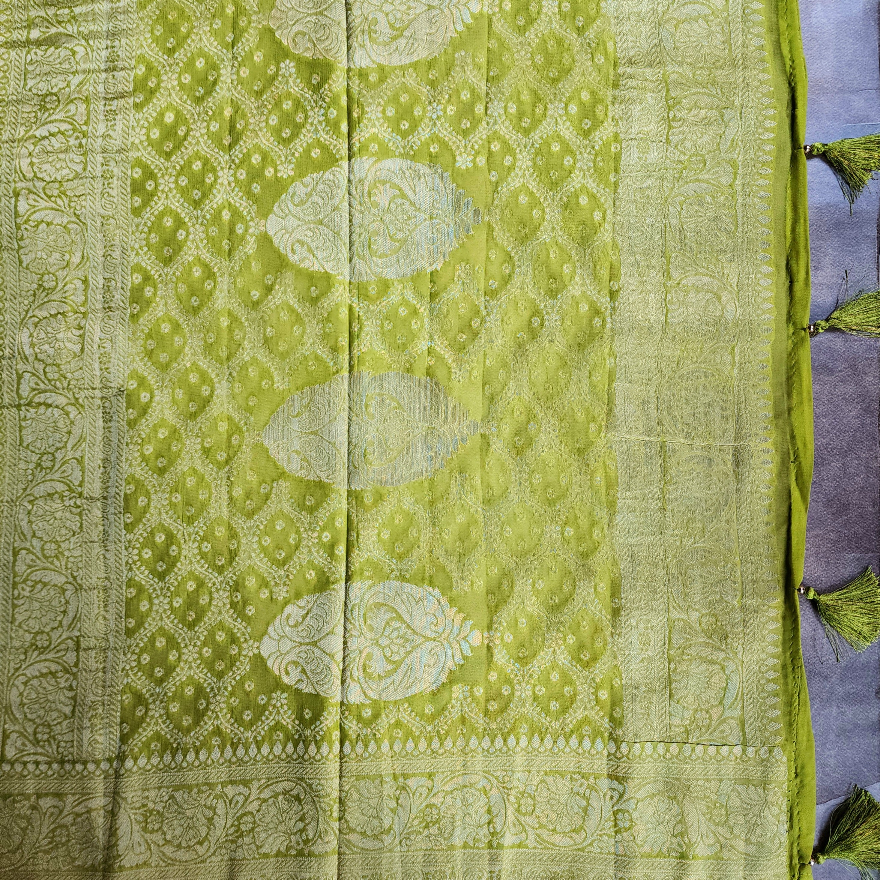 Mehndi Green Pure Khaddi Georgette Banarasi Saree with Golden Zari