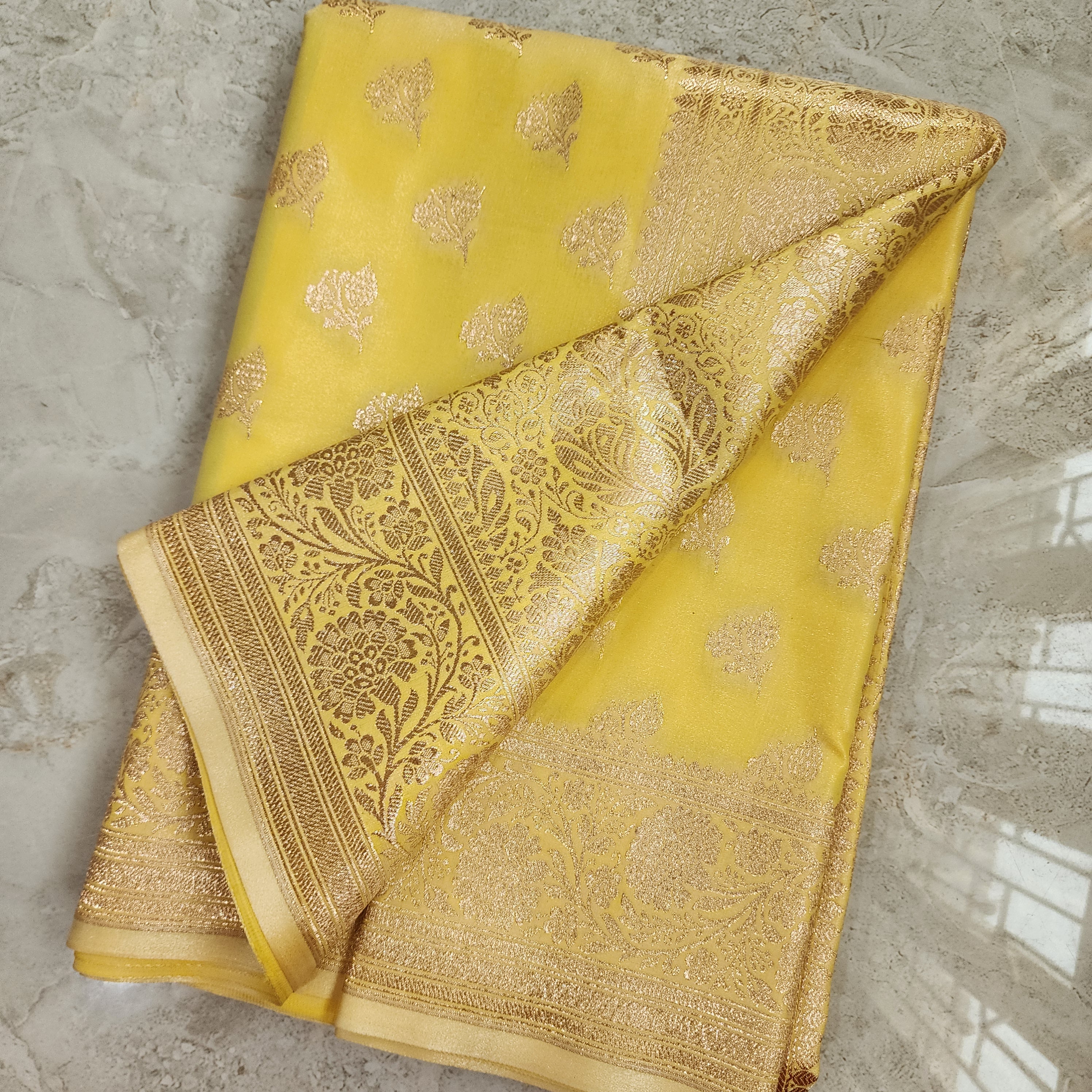 Rich Lemon Yellow Banarasi Silk Saree with Gold Zari Weaving