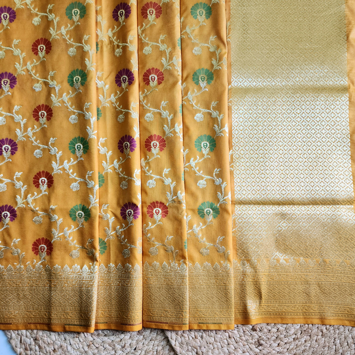 Banarasi Silk Floral Jaal Dupatta - Mustard Gold
