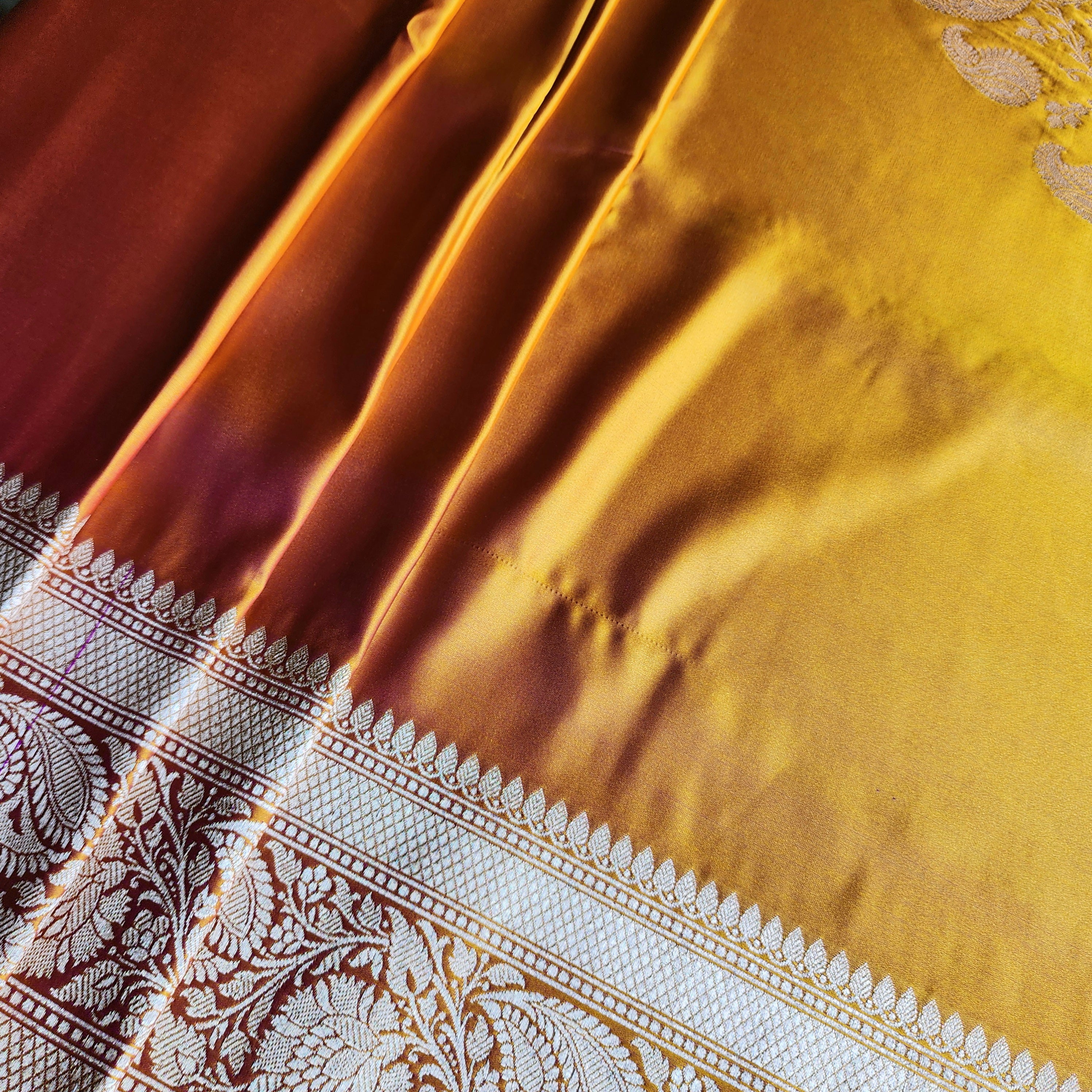 Rich Marigold Yellow Pure Banarasi Katan Silk Saree with light Gold Zari Weaving
