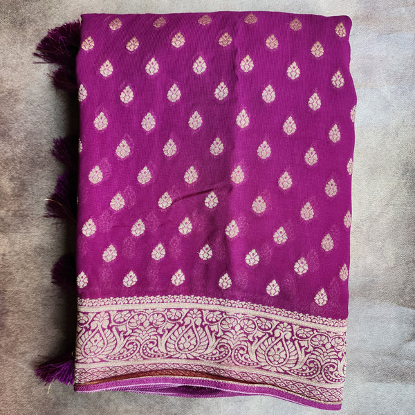 Aubergine Khaddi Georgette Pure Banarasi Saree with Golden Zari