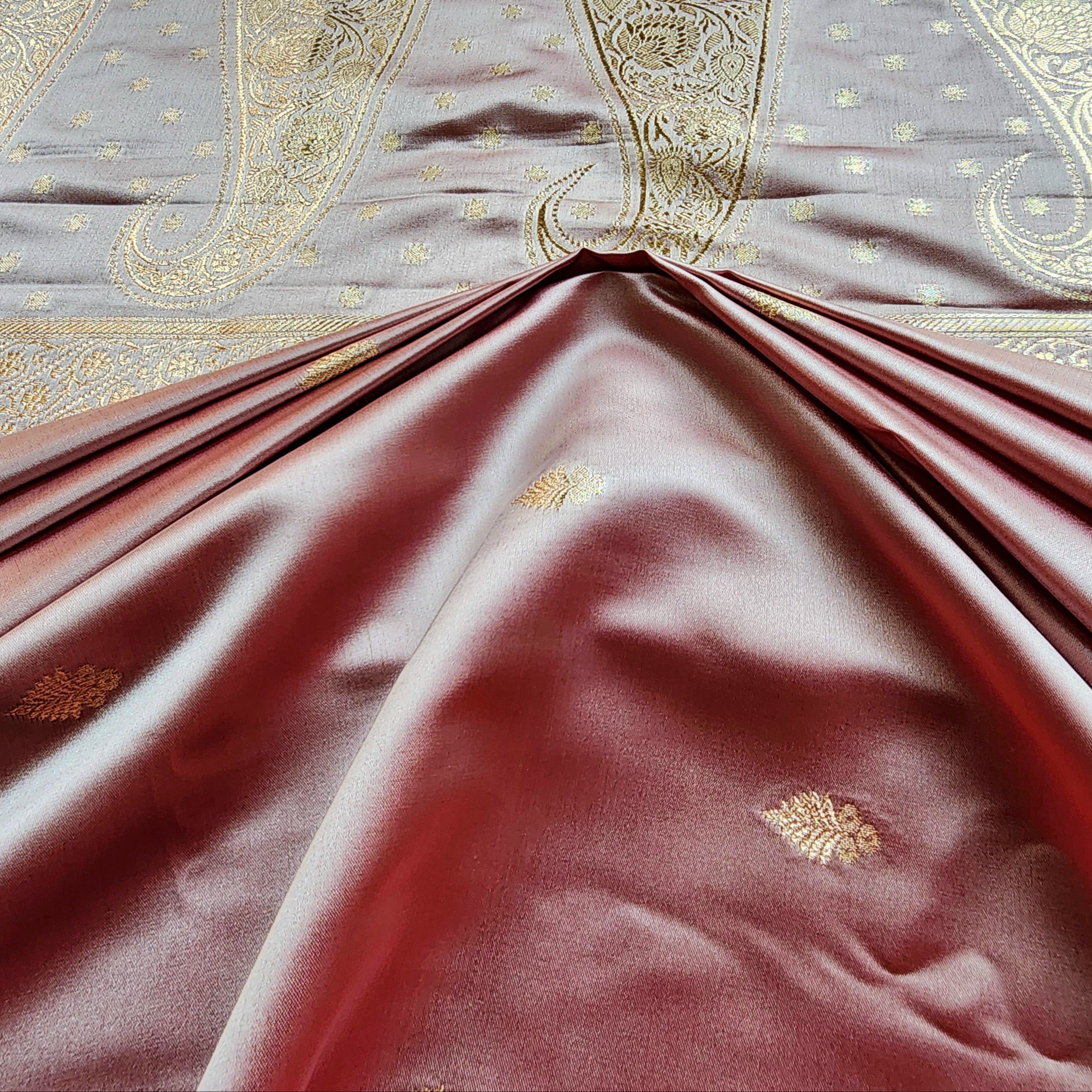 Dusty Rose Katan Silk Saree with Mustard Yellow Gold Zari Border