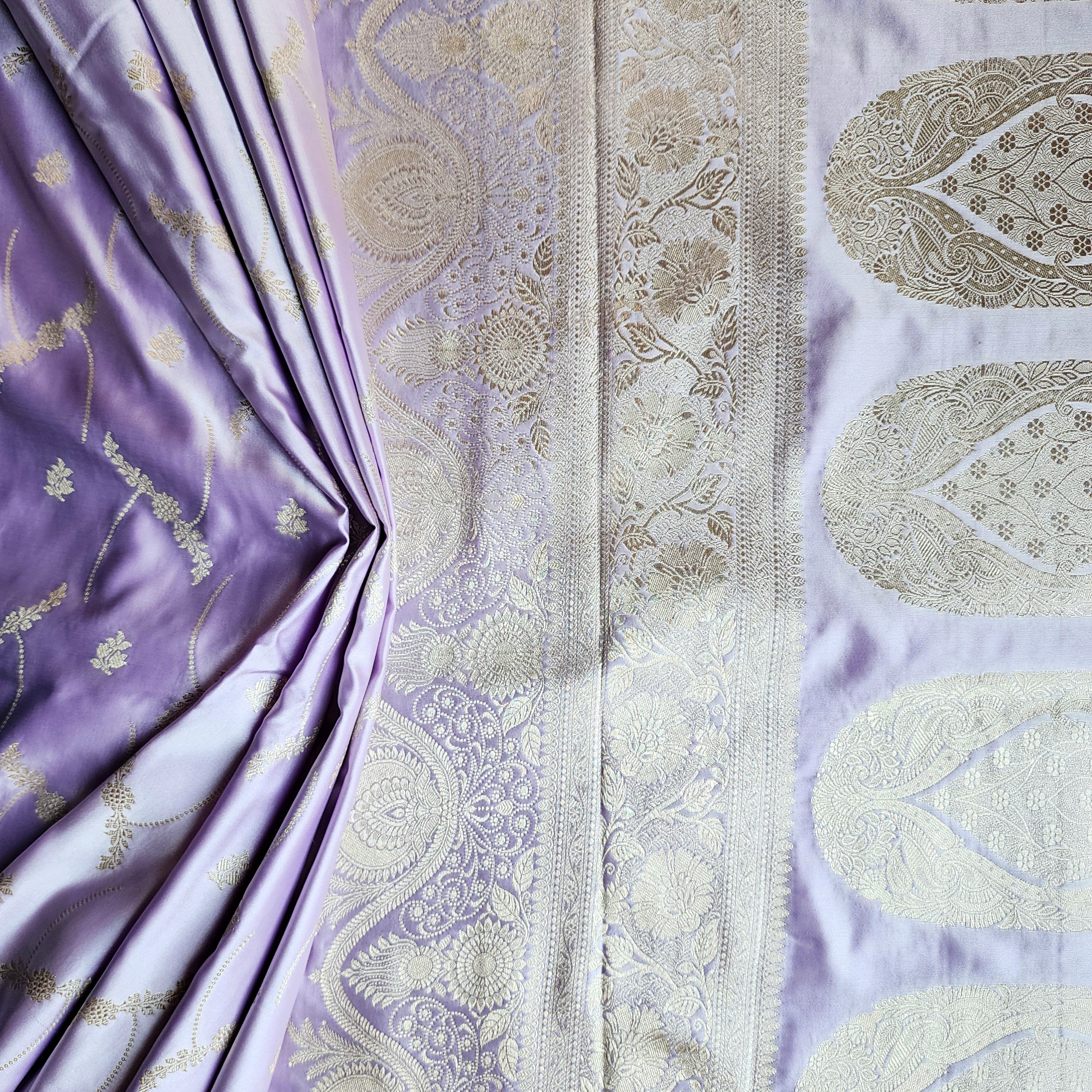Pastel Lavender Grey Banarasi Katan Silk Saree with Light Gold Zari weaving