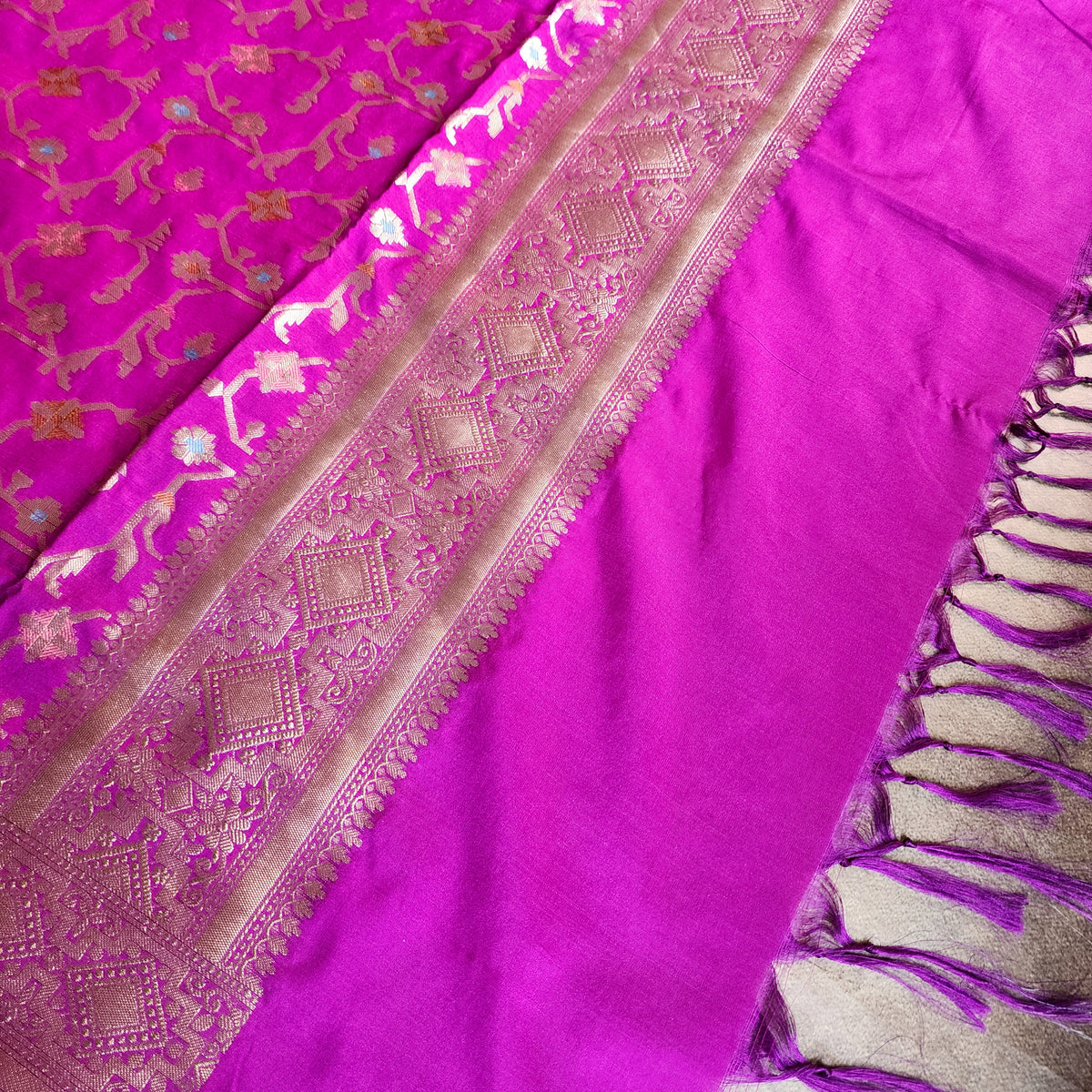 Golden Grid Banarasi Silk Dupatta with Meenakari Work in Wine