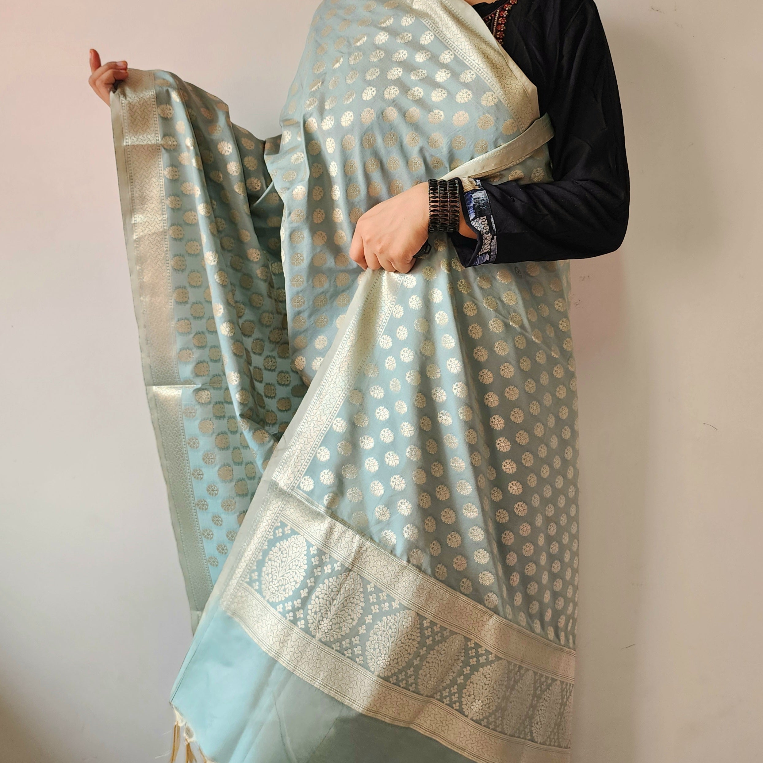 Dusty Mint Banarasi Dupatta with Soft Polka Dots