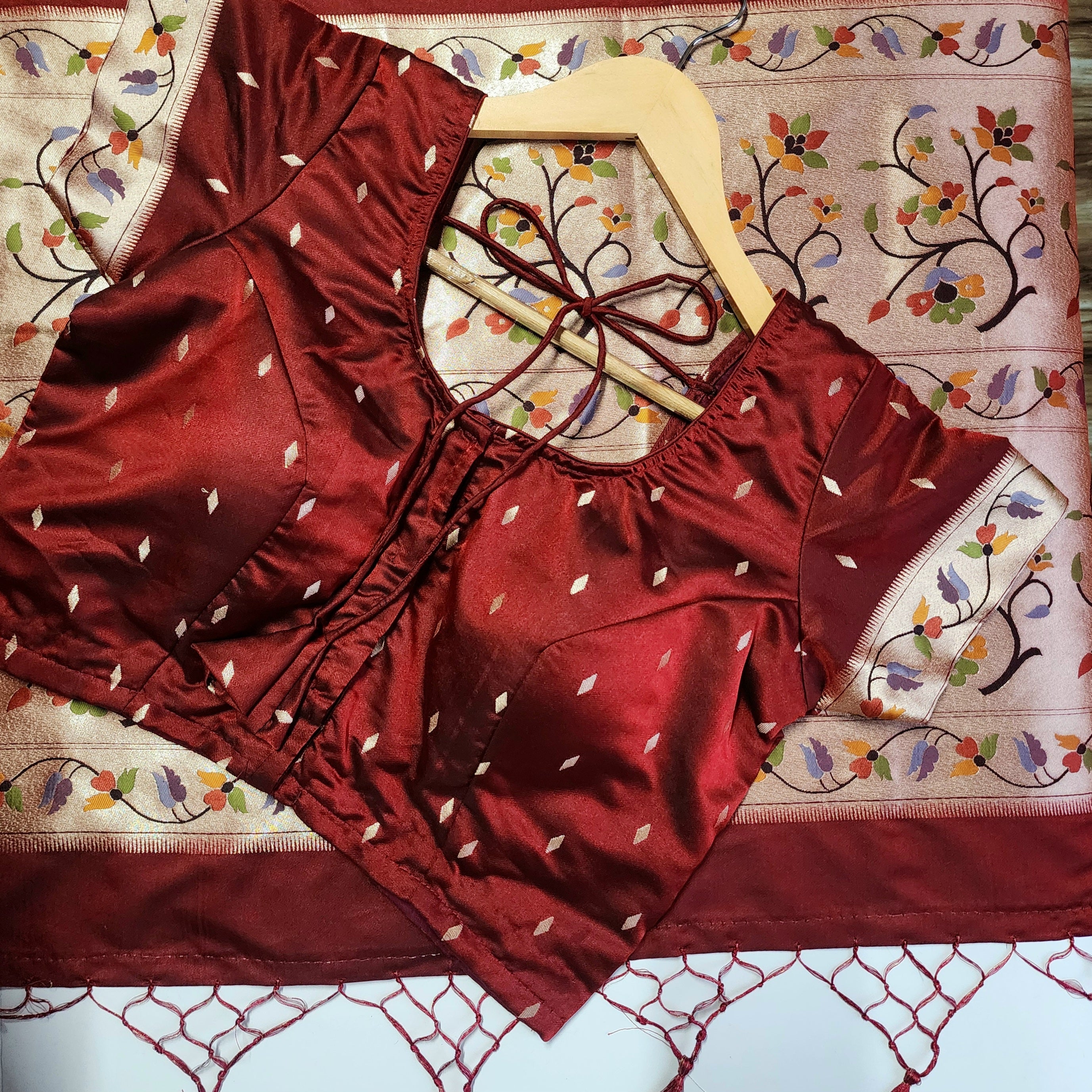 Raahi - Maroon Paithani Silk Saree with Stitched Blouse