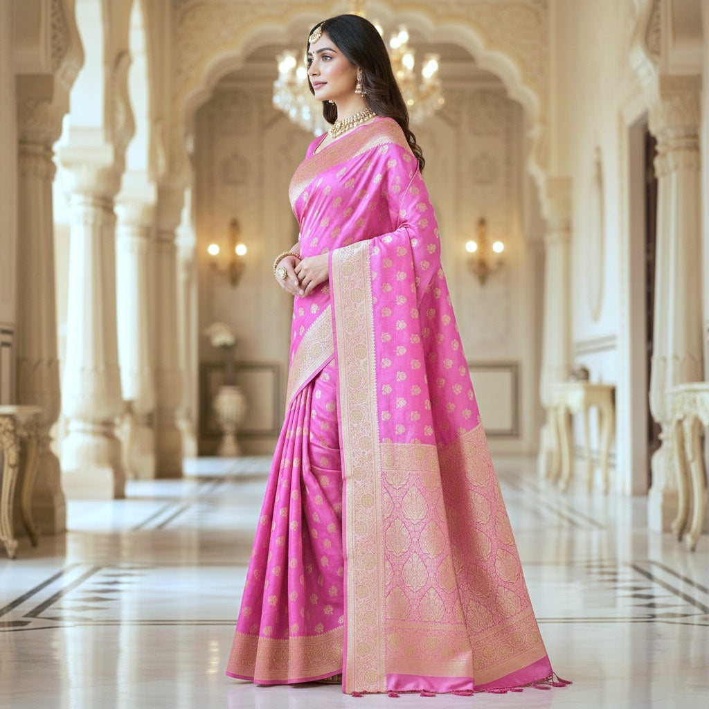 Rich Magenta Pink Banarasi Silk Saree with Gold Zari Weaving