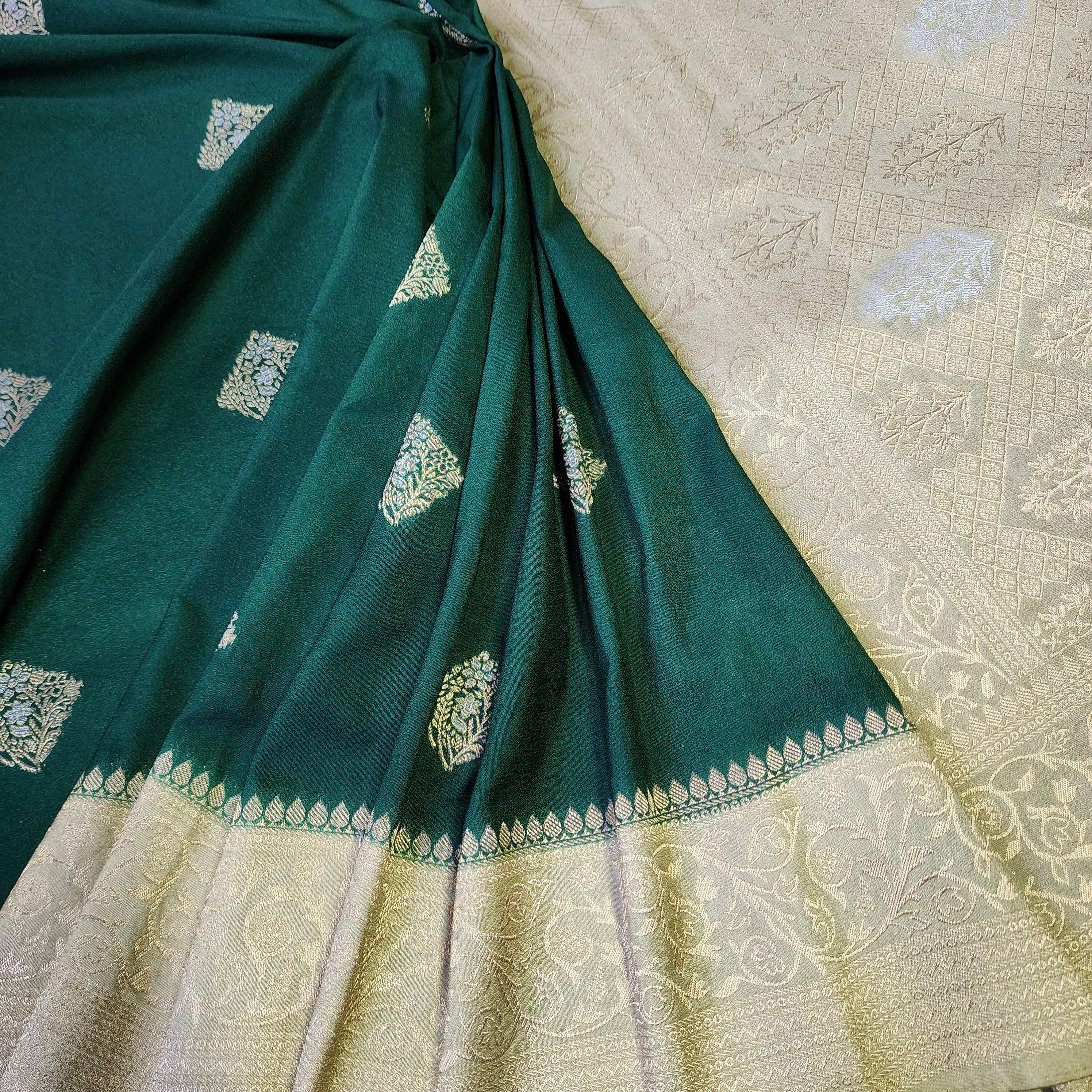 Bottle Green Crepe Georgette Silk Saree with Soft Champagne Gold Zari Border