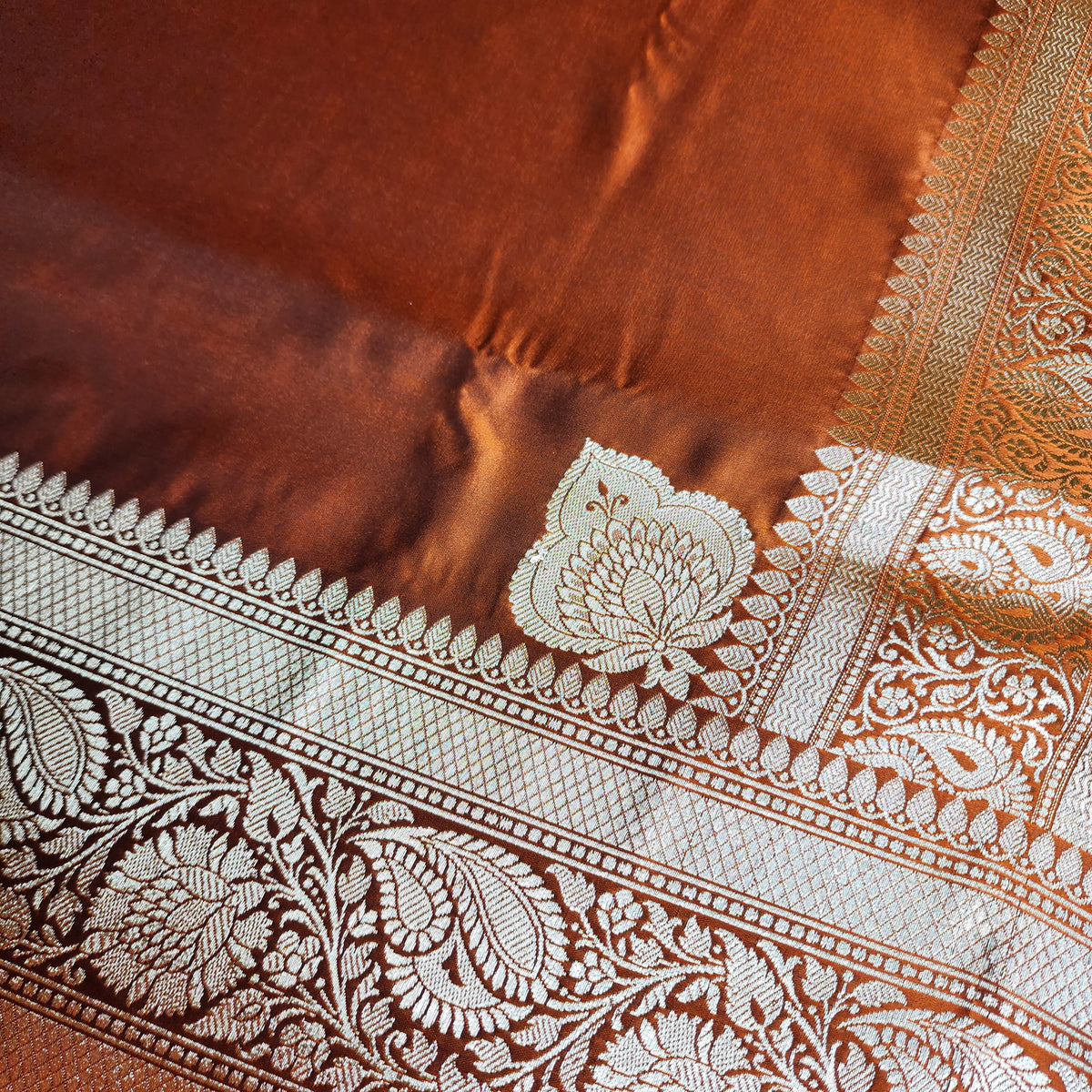 Rich Burnt Copper Pure Banarasi Katan Silk Saree with light Gold Zari Weaving