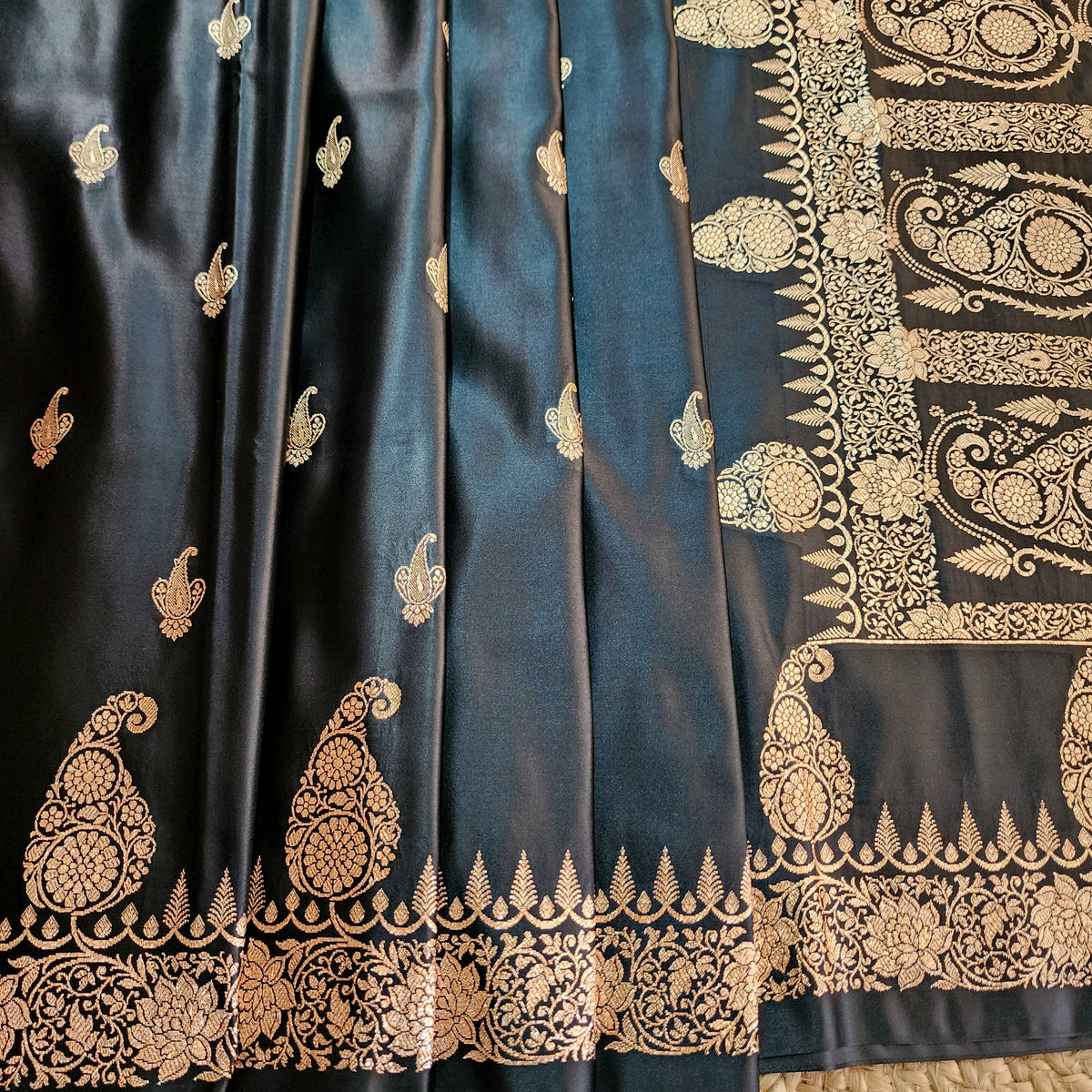 Black Paisley Katan Silk Saree with Gold Zari