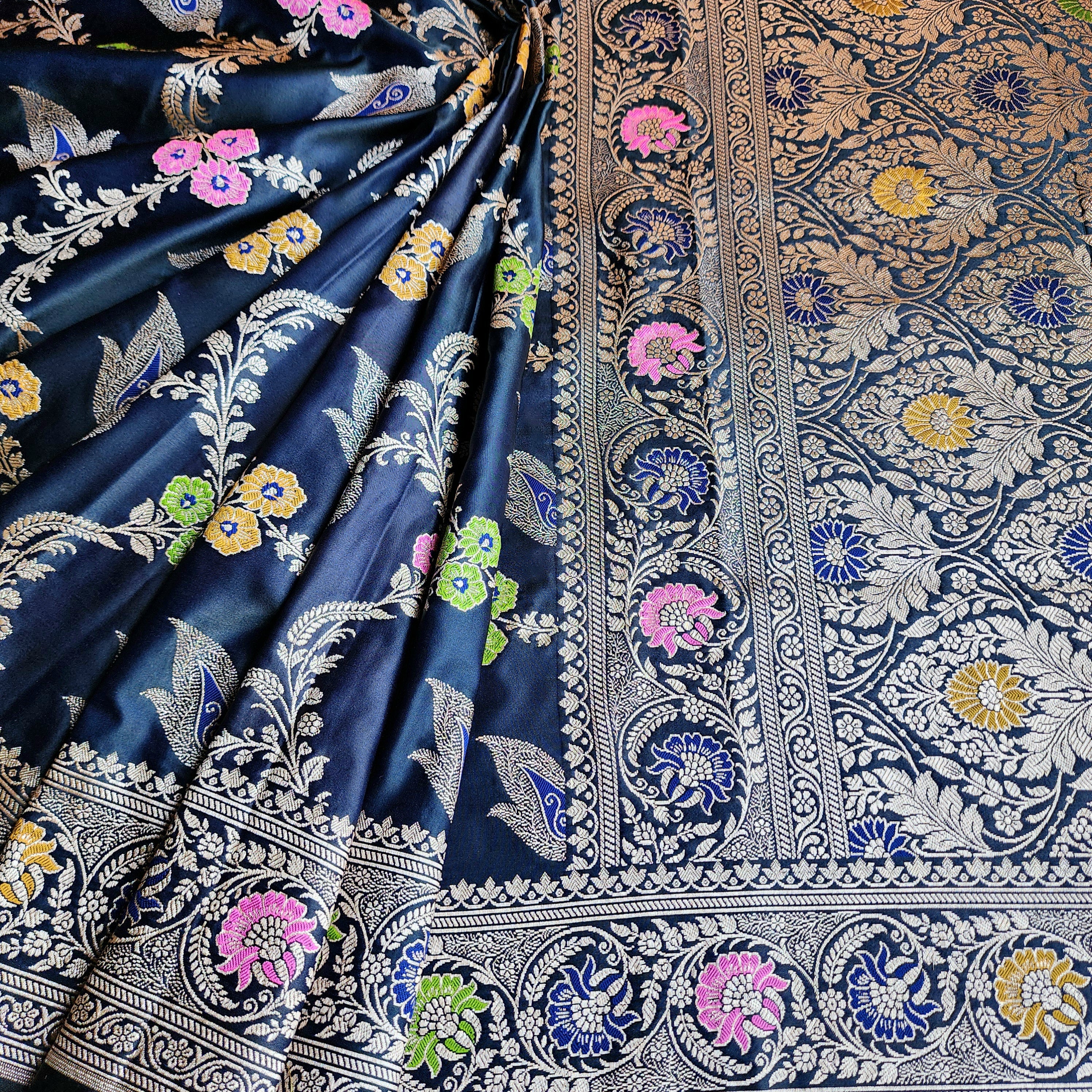Enriched Midnight Blue Banarasi Katan Silk Saree with Multicolor Meenakari Floral Jaal