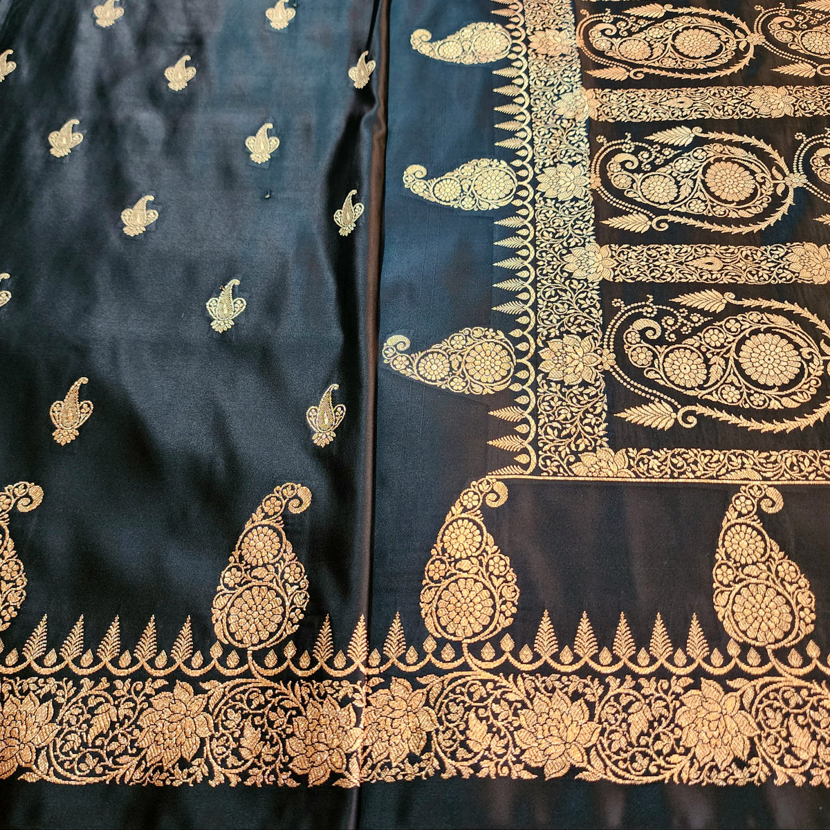 Black Paisley Katan Silk Saree with Gold Zari