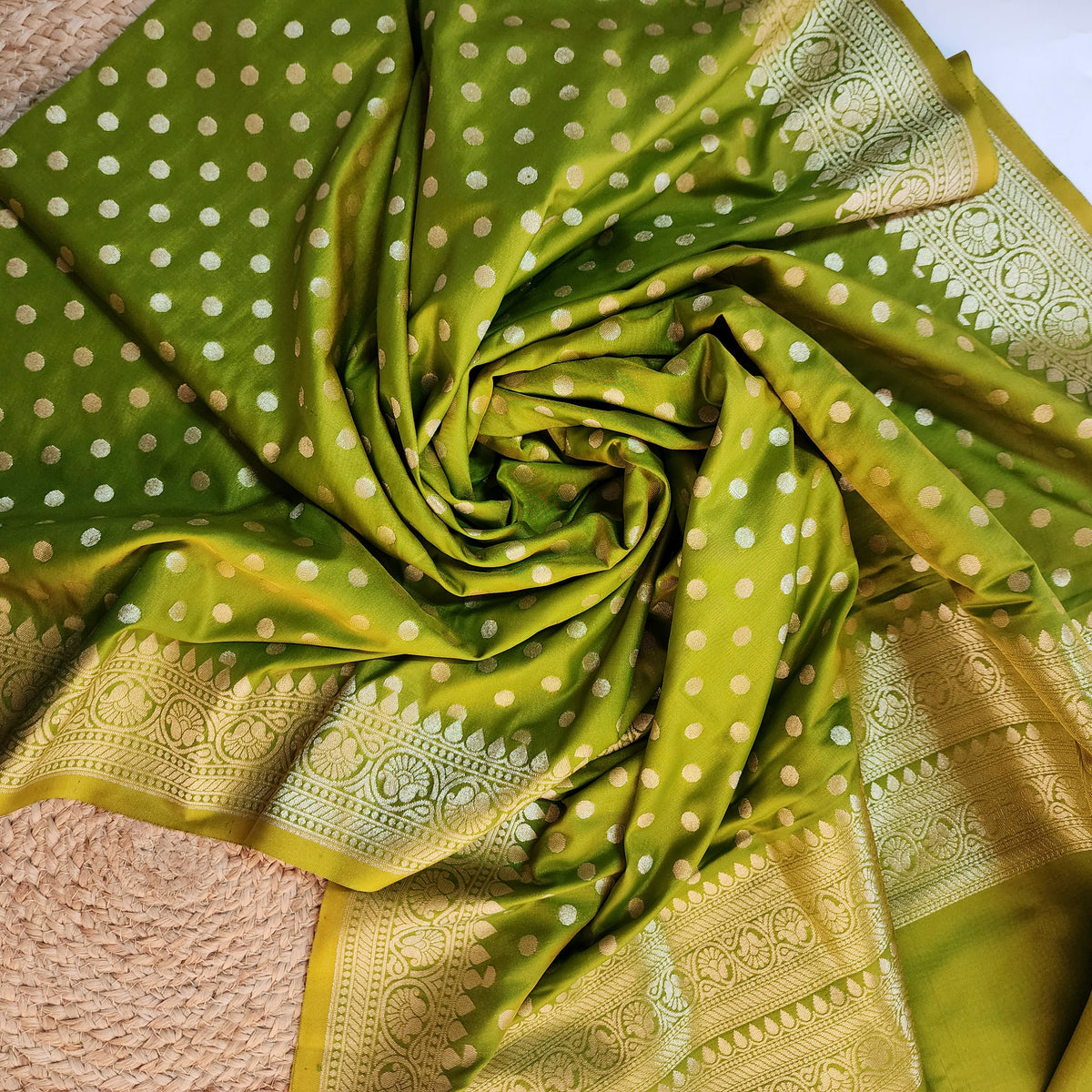 Olive Green Banarasi Silk Dupatta with Gold Polka Dot