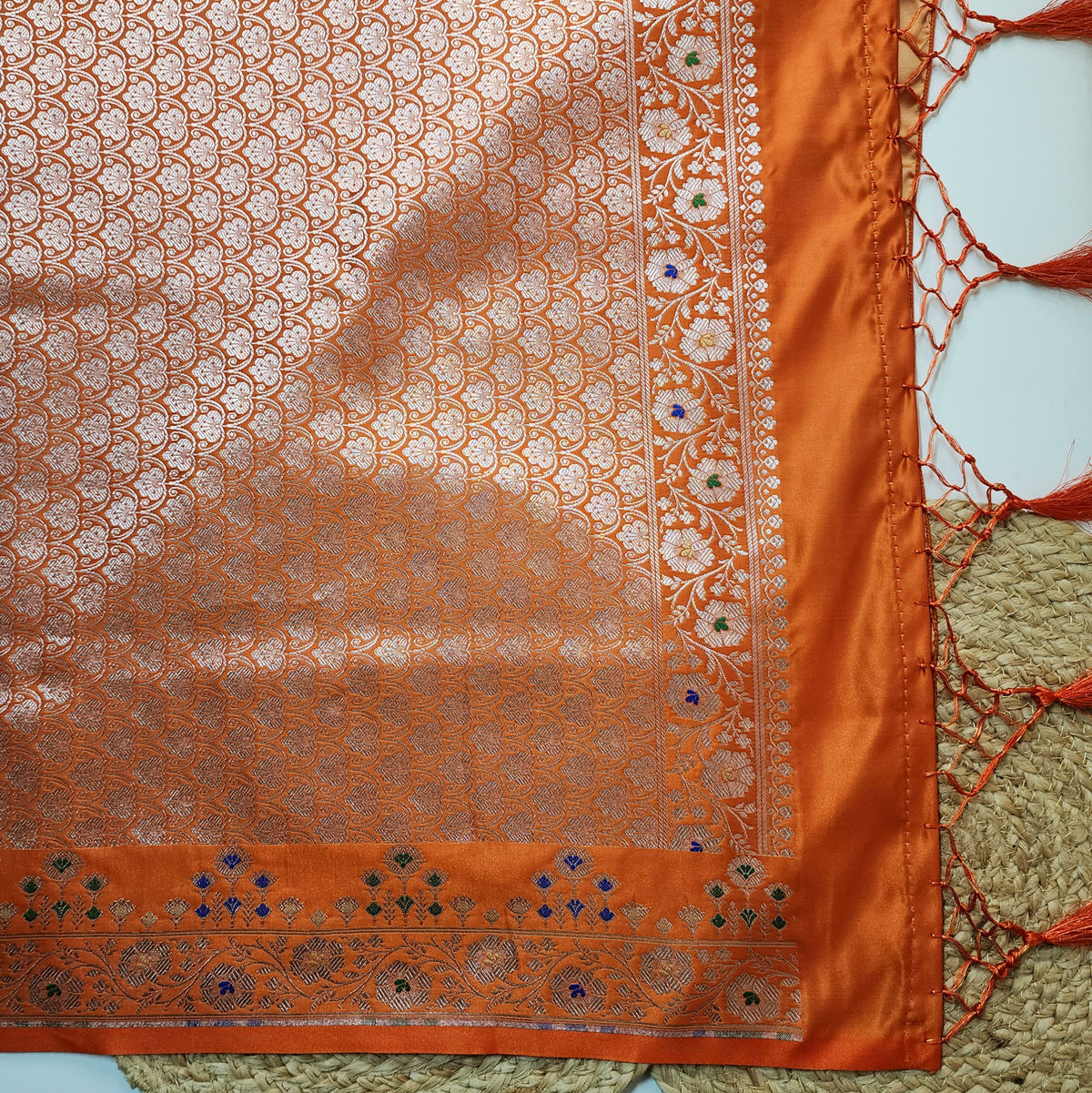 Orange Banarasi Katan Silk Saree with Multicolor Meenakari