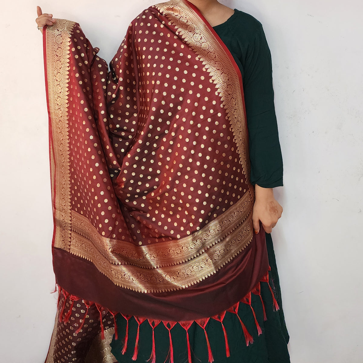 Burgundy Banarasi Silk Dupatta with Gold Polka Dot