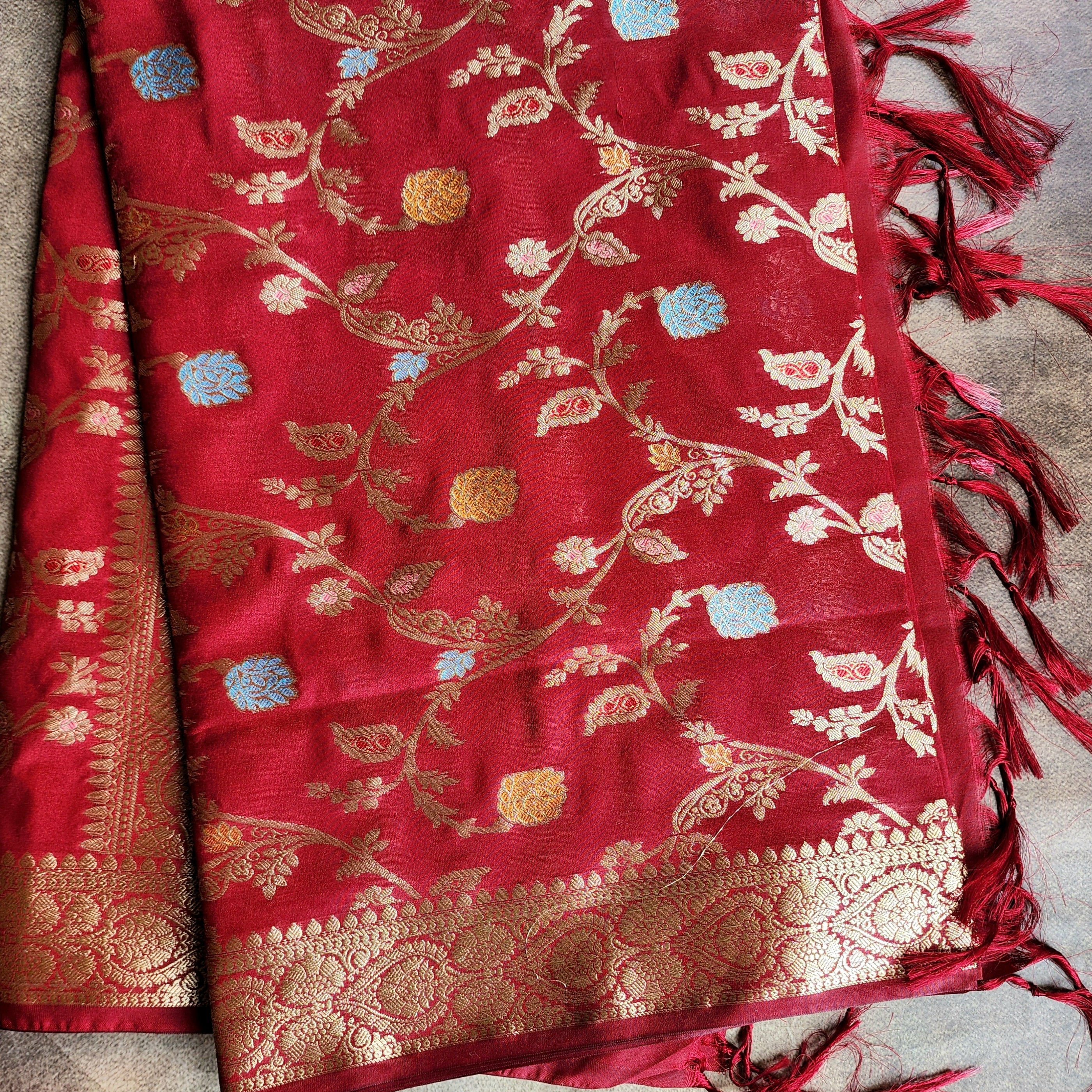 Maroon Banarasi Silk Dupatta with Gold Zari Border & Multicolor Meenakari Work