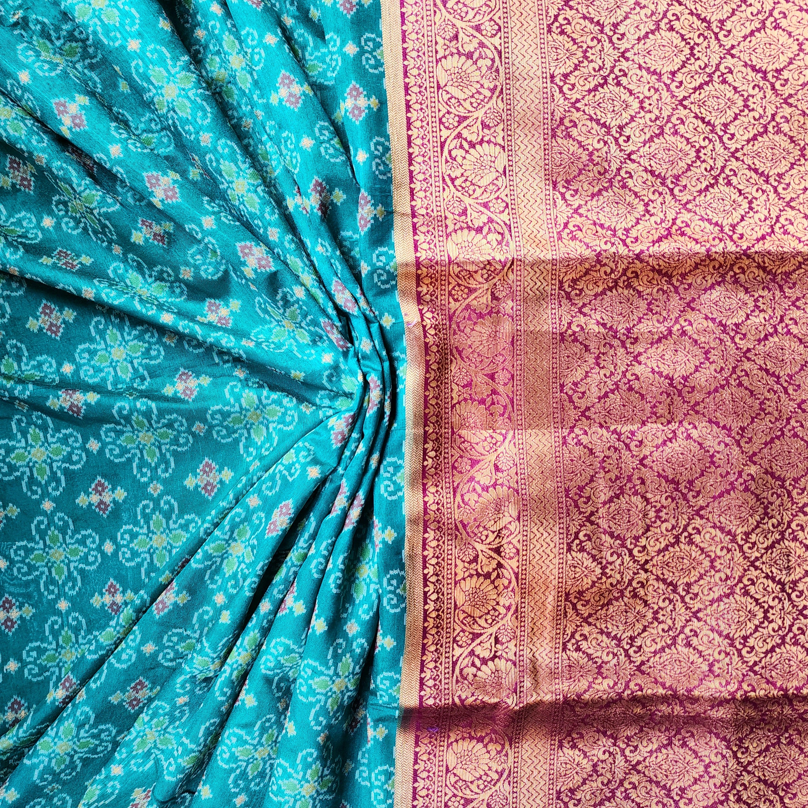 Turquoise Dupion Patola with Maroon-Gold Border & Heavy Gold Zari