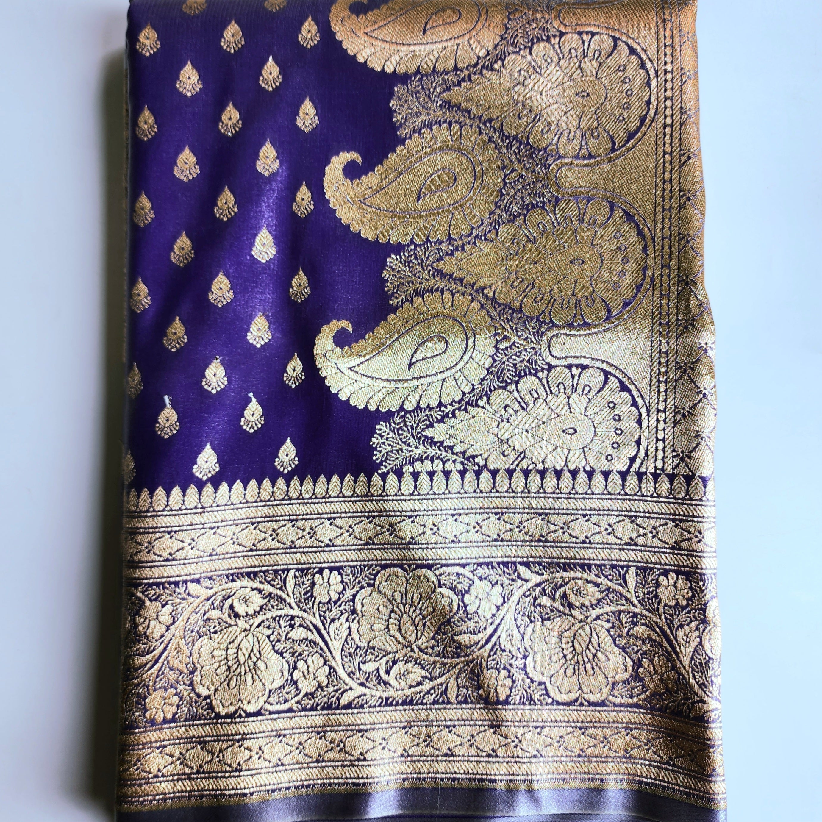 Rich Indigo Purple Banarasi Silk Saree with Gold Zari Weaving