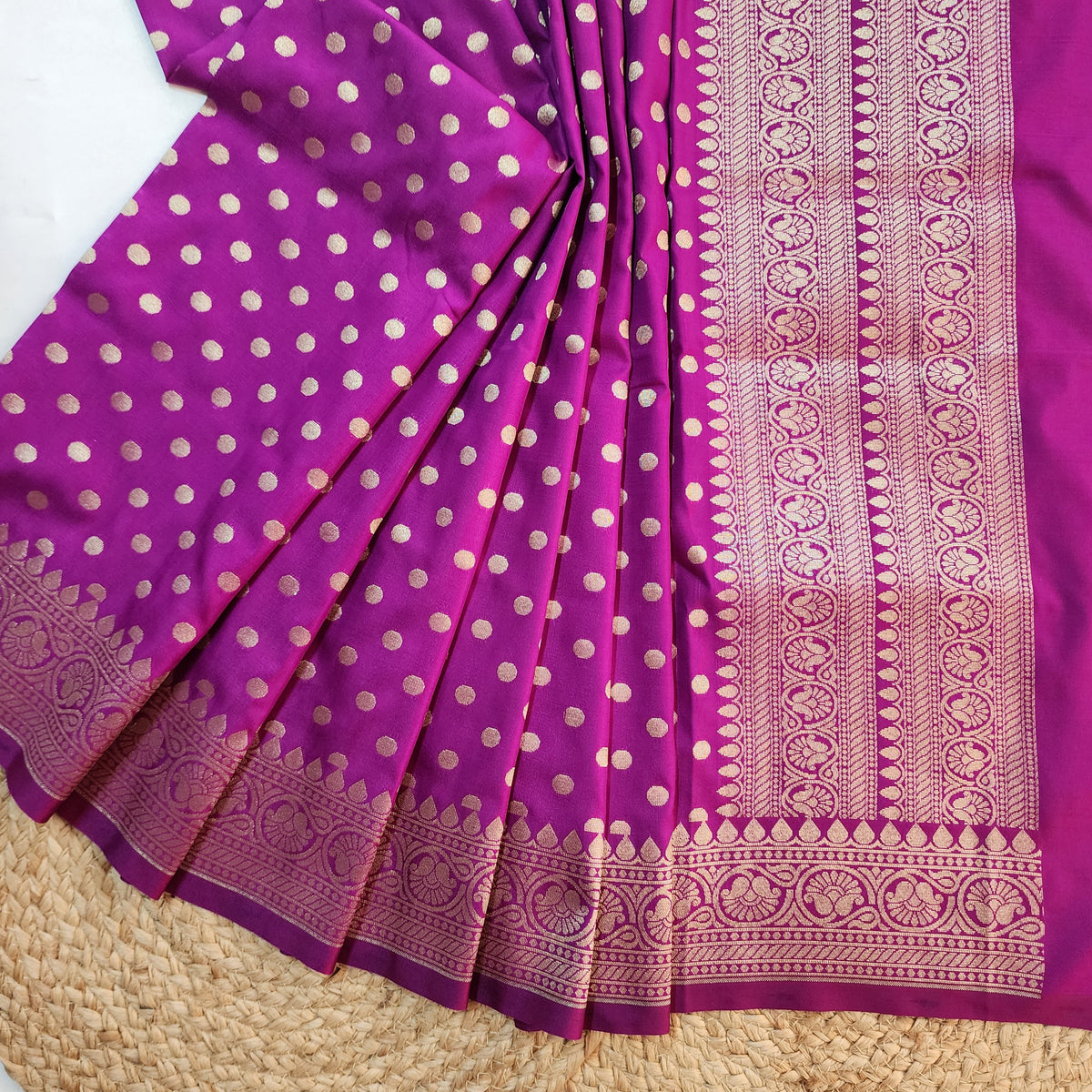 Magenta Purple Banarasi Silk Dupatta with Gold Polka Dot