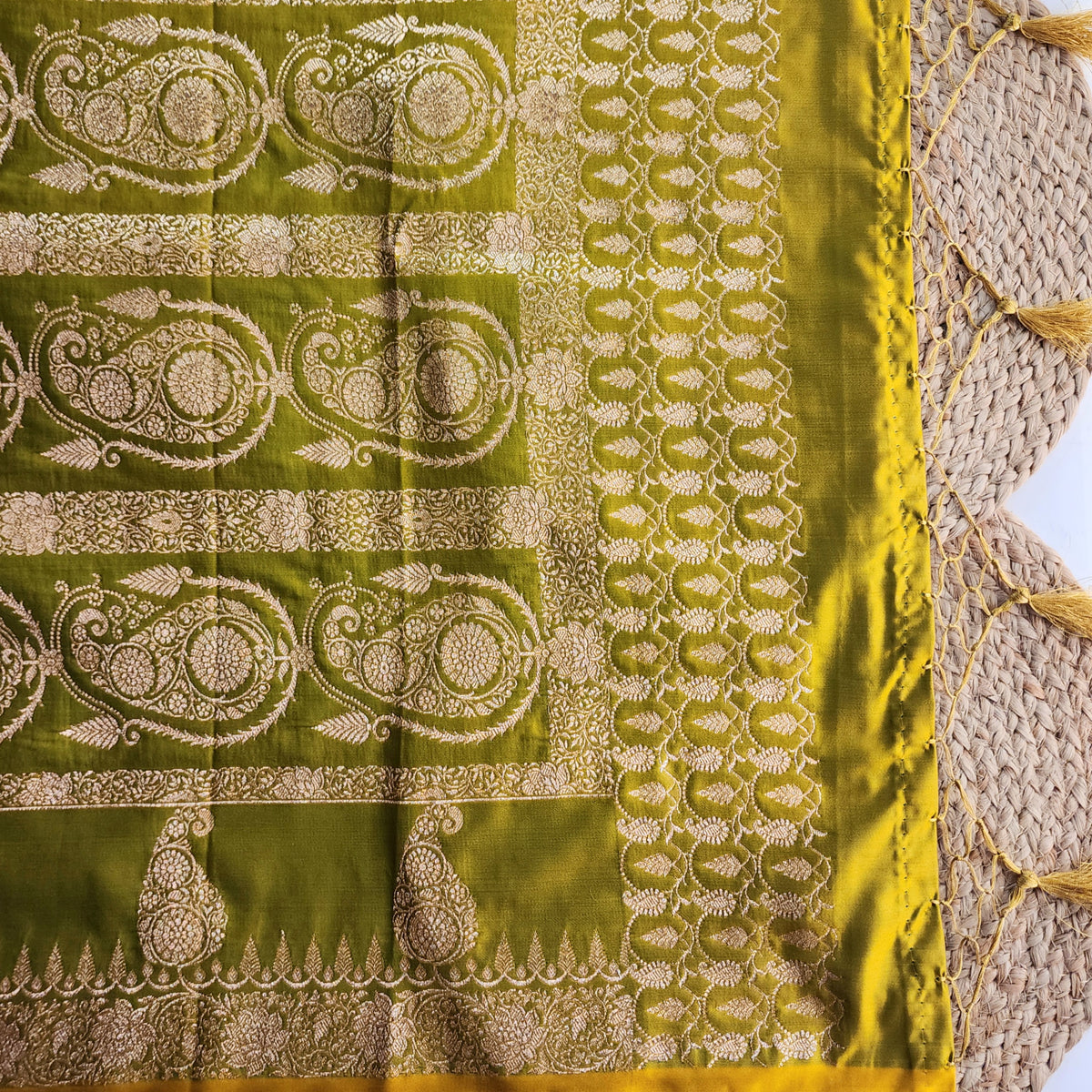 Lime Green Paisley Katan Silk Saree with Gold Zari