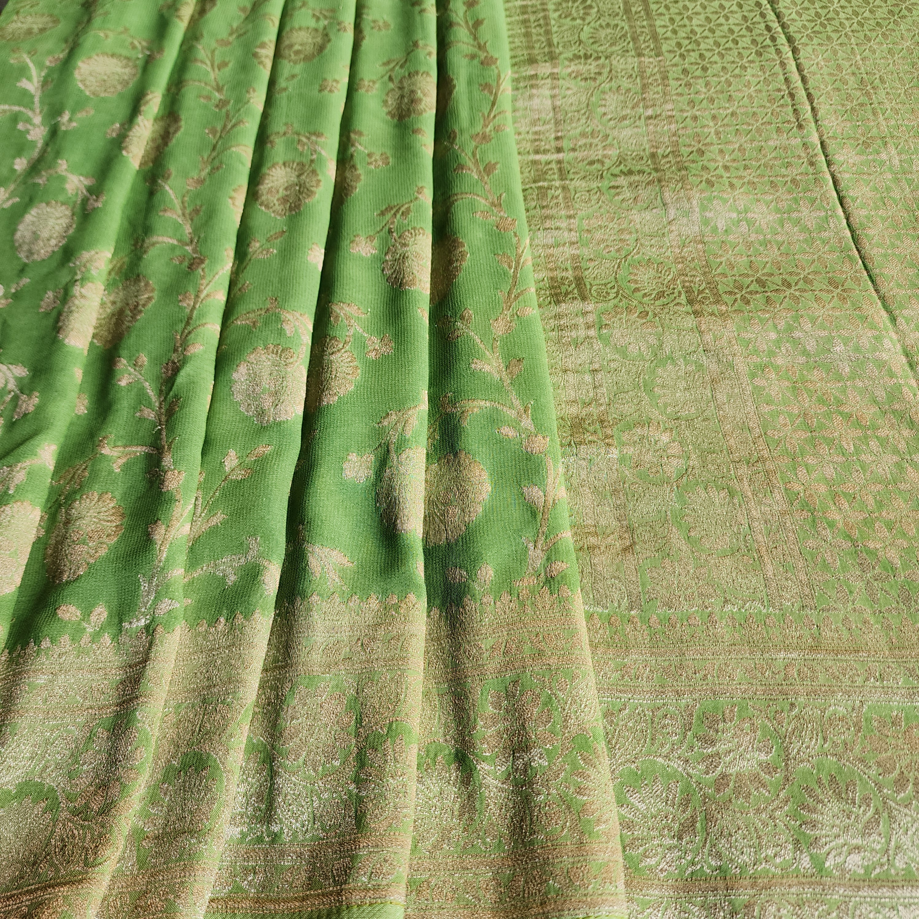 Khaddi Georgette Pure Banarasi Saree in Light Bottle Green