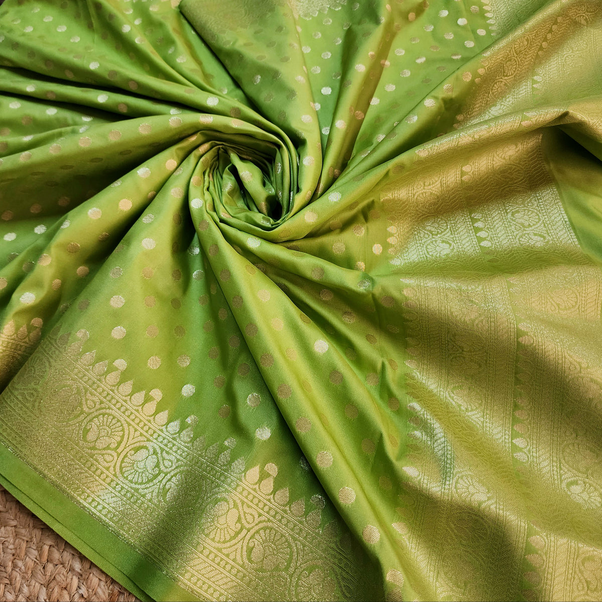 Lime Green Banarasi Silk Dupatta with Gold Polka Dot