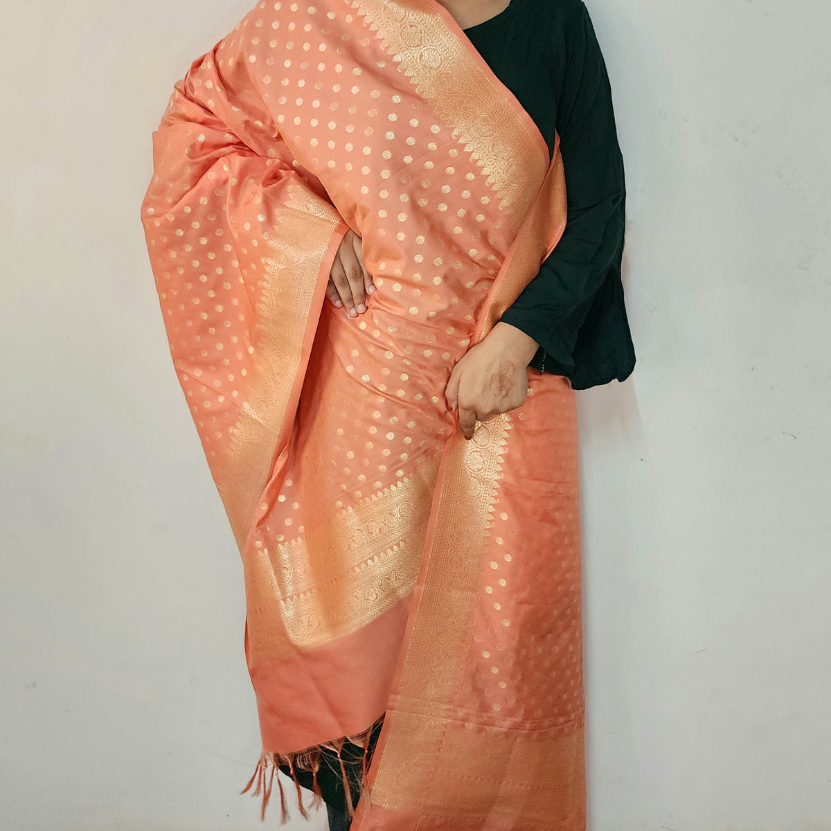 Coral Peach Banarasi Silk Dupatta with Gold Polka Dot