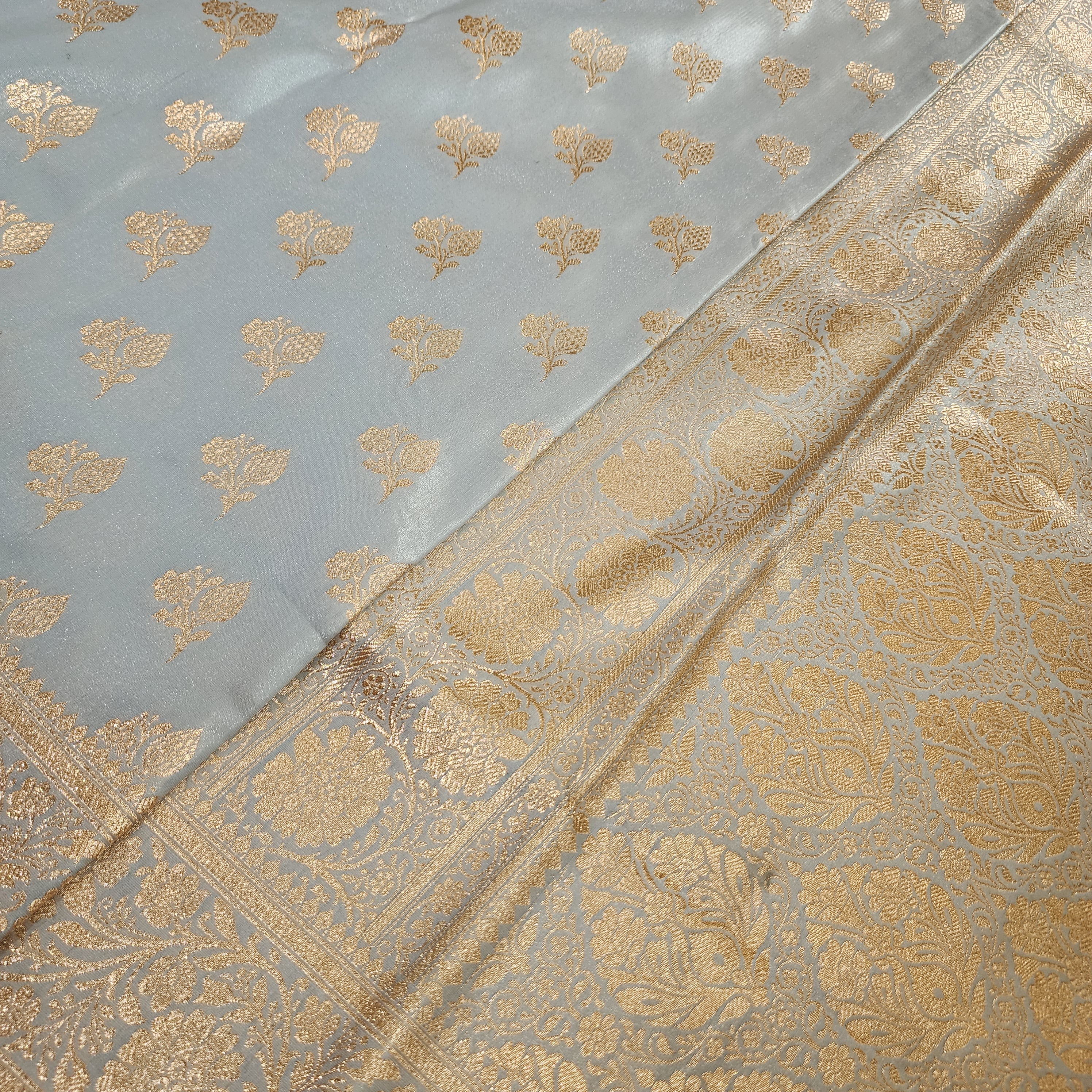 Rich Silver Grey Banarasi Silk Saree with Gold Zari Weaving