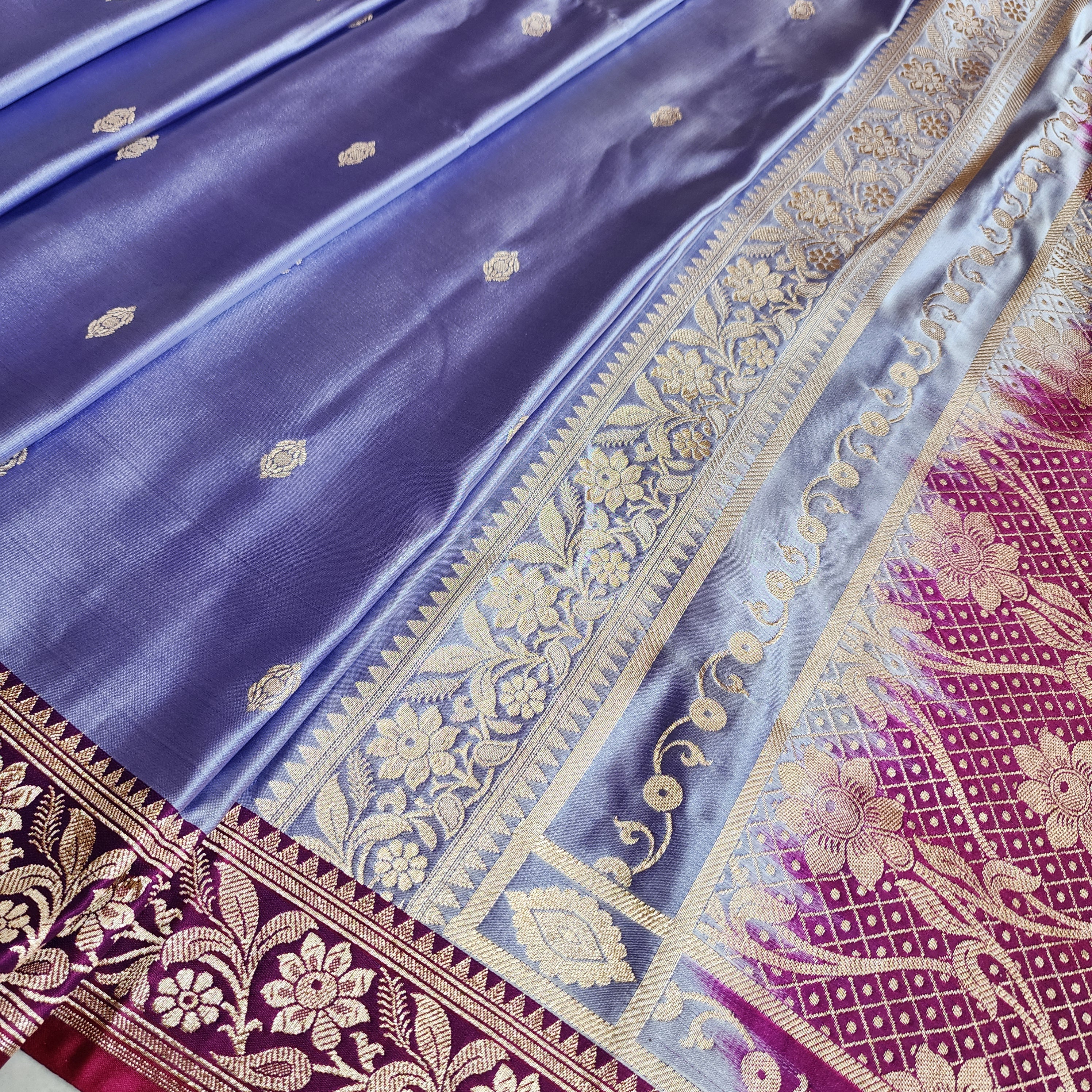 Periwinkle Katan Silk Saree with Magenta and Gold Zari Border