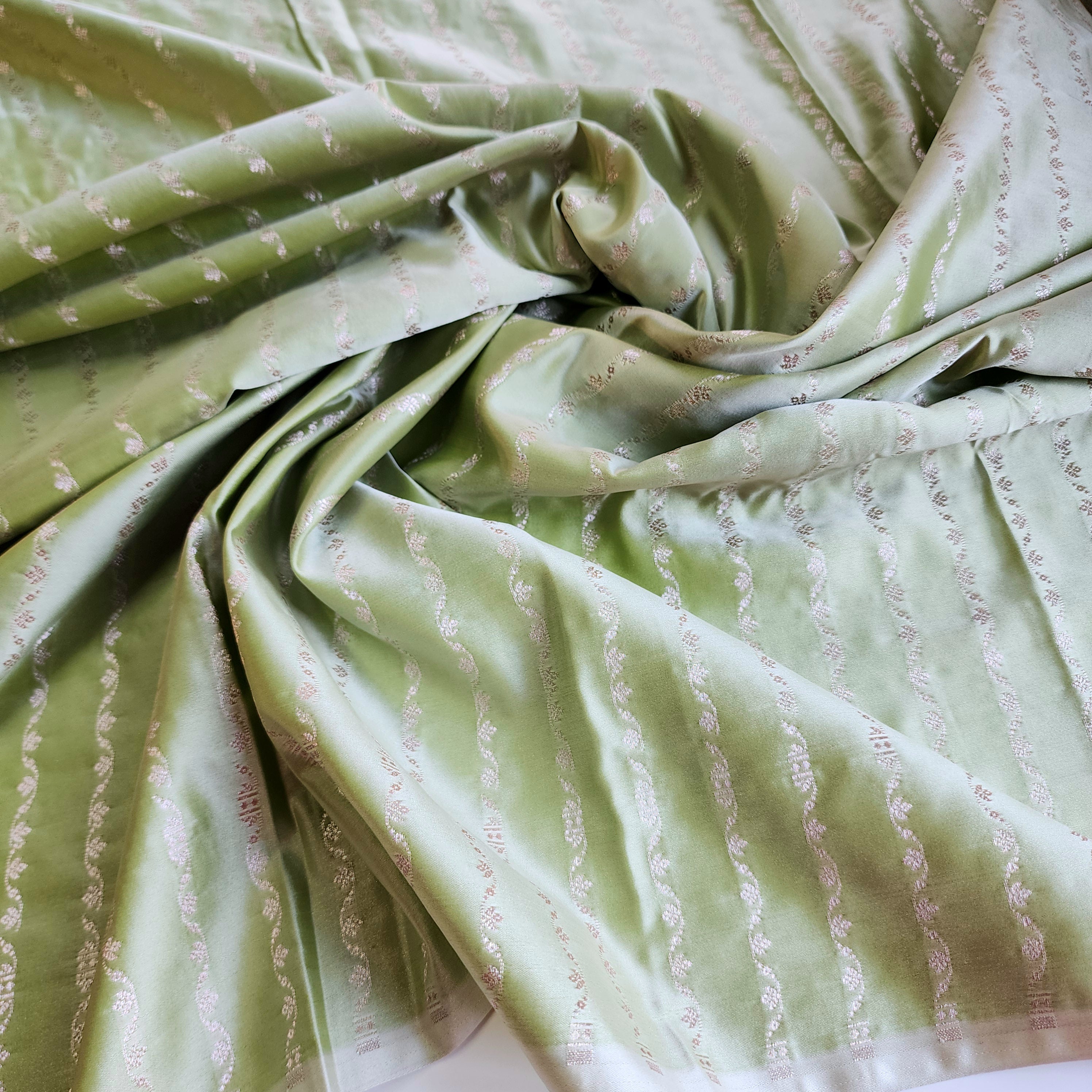 Pastel Sage Green Banarasi Katan Silk Saree with Light Gold Zari weaving