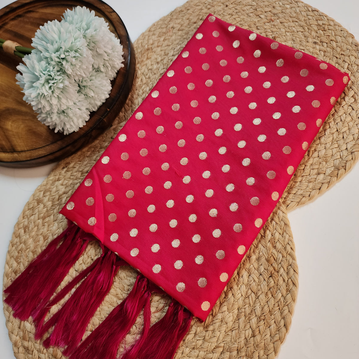Fuchsia Banarasi Silk Dupatta with Gold Polka Dot