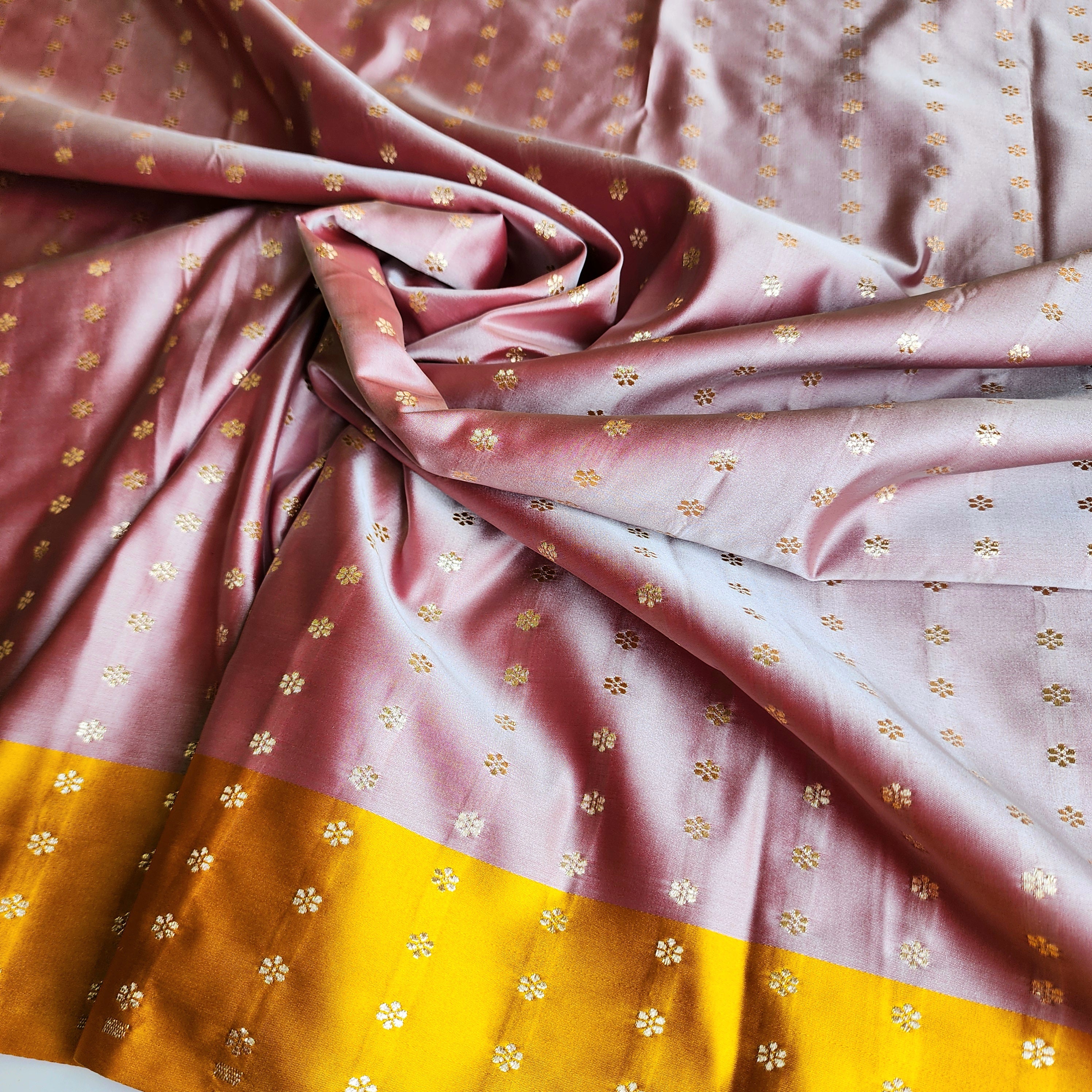 Dusty Rose Katan Silk Saree with Mustard Yellow Gold Zari Border