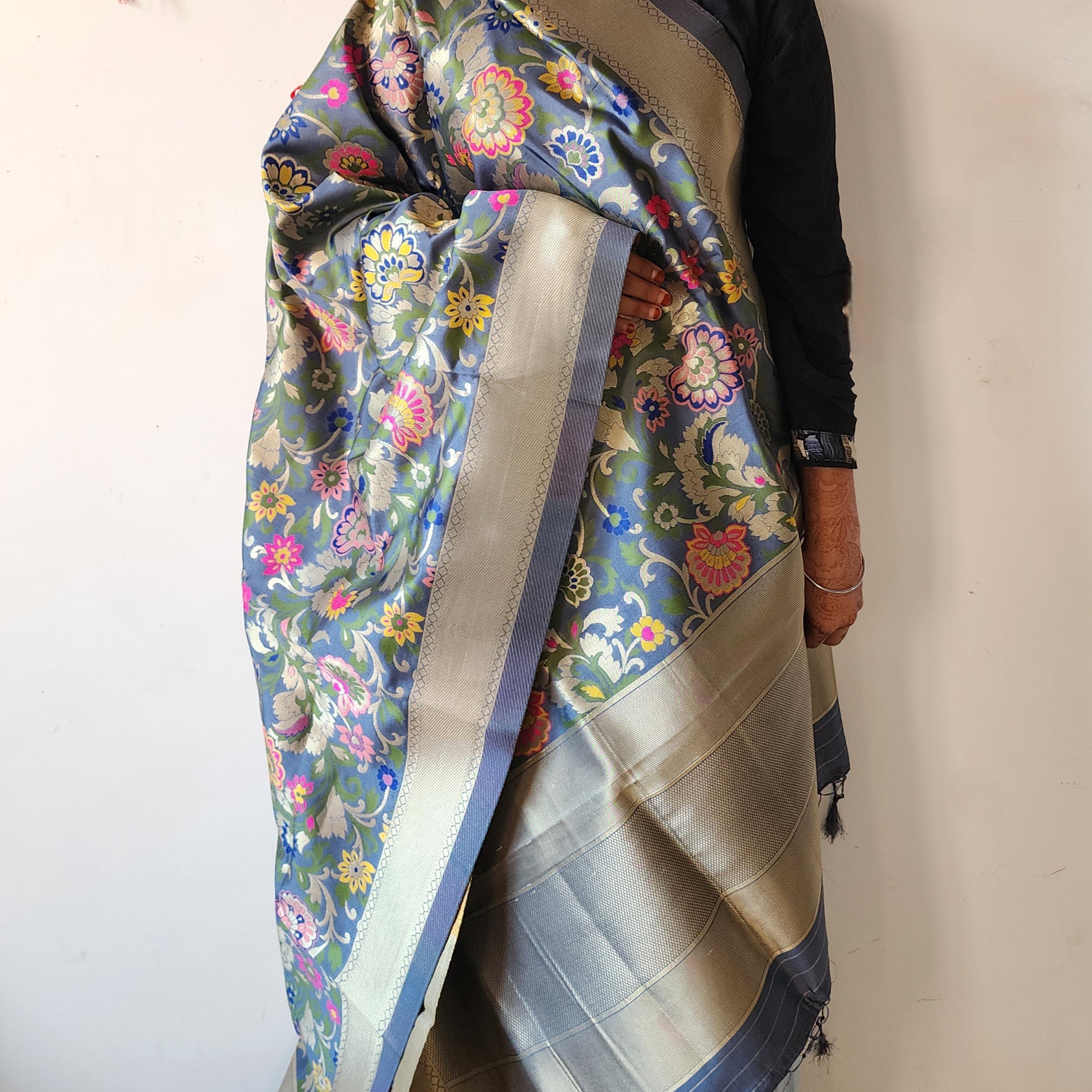Banarasi Silk Dark Gray Dupatta with Multicolor & Gold Floral Handweaving