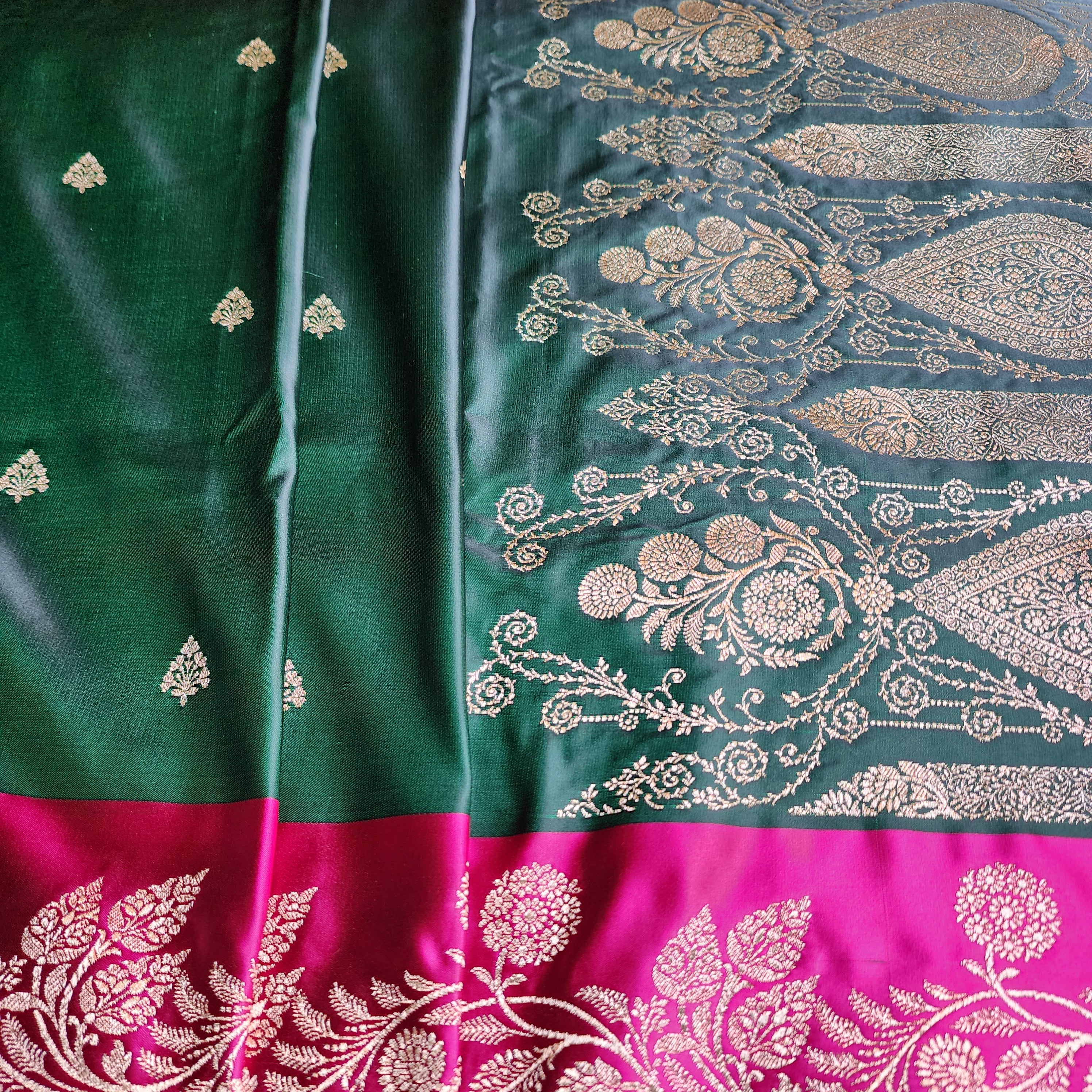 Emerald Green Pure Banarasi Katan Silk Saree with Bright Pink Border