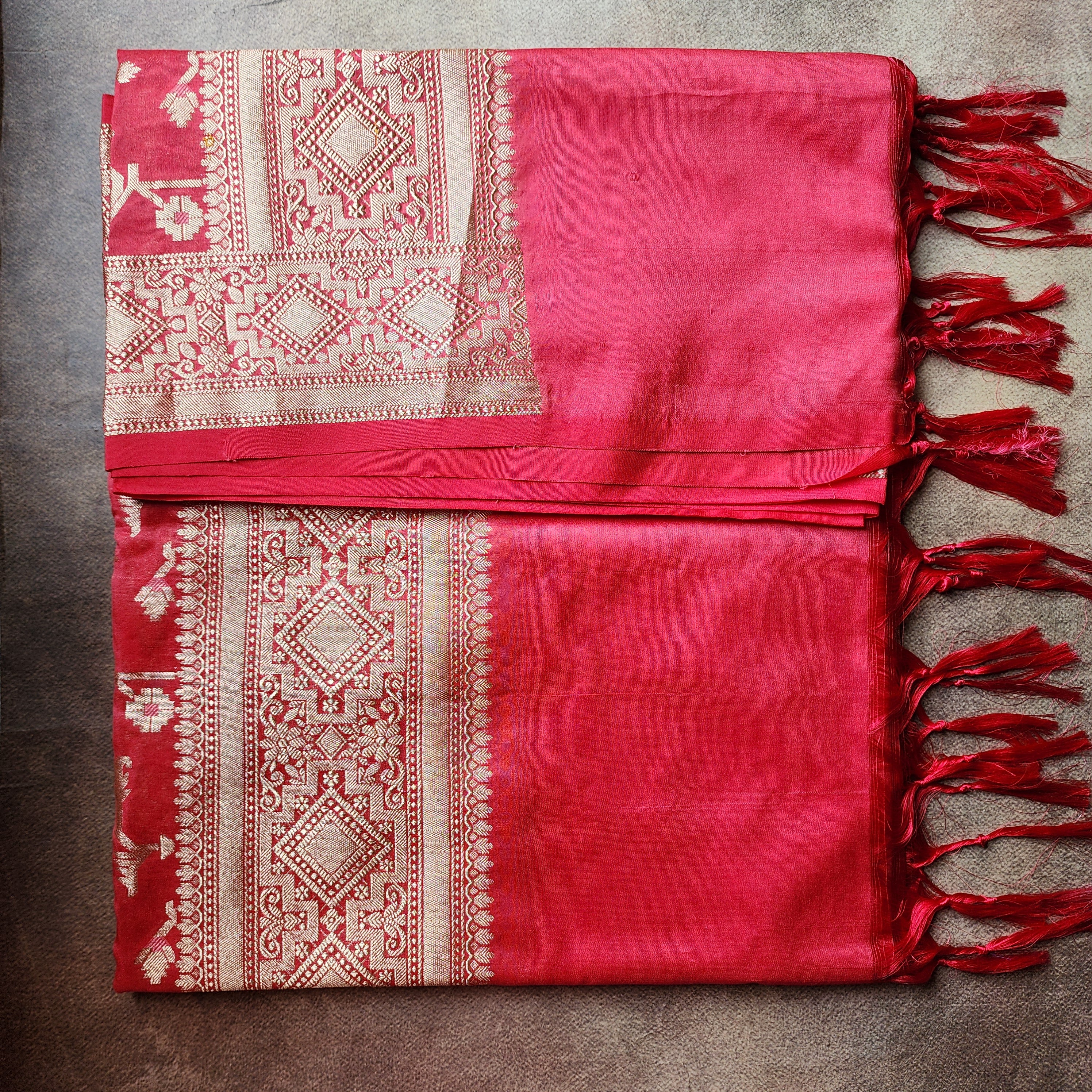 Golden Grid Banarasi Silk Dupatta with Meenakari Work in Brick Red