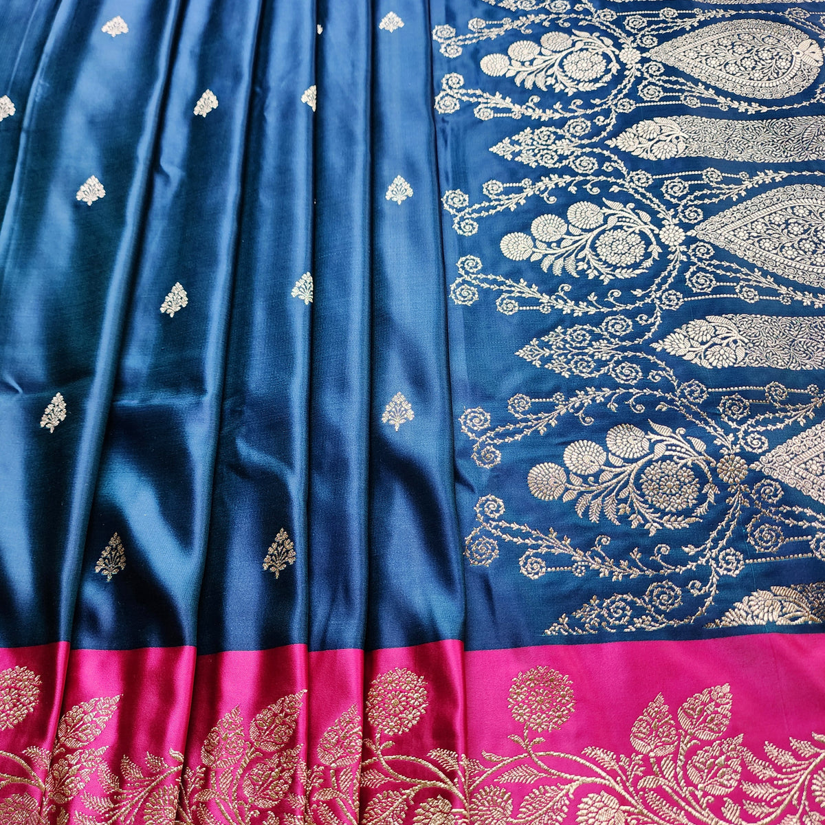 Midnight Blue Pure Banarasi Katan Silk Saree with Rani Pink Border